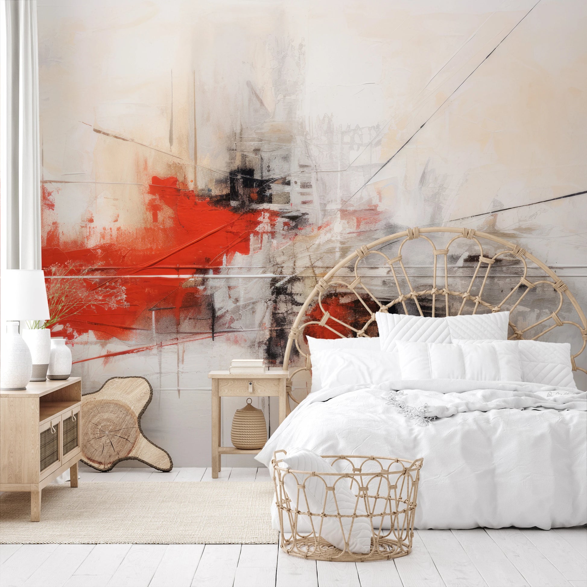 Fototapeta artystyczna o nazwie Dynamic Red Abstraction pokazana w aranżacji wnętrza.
