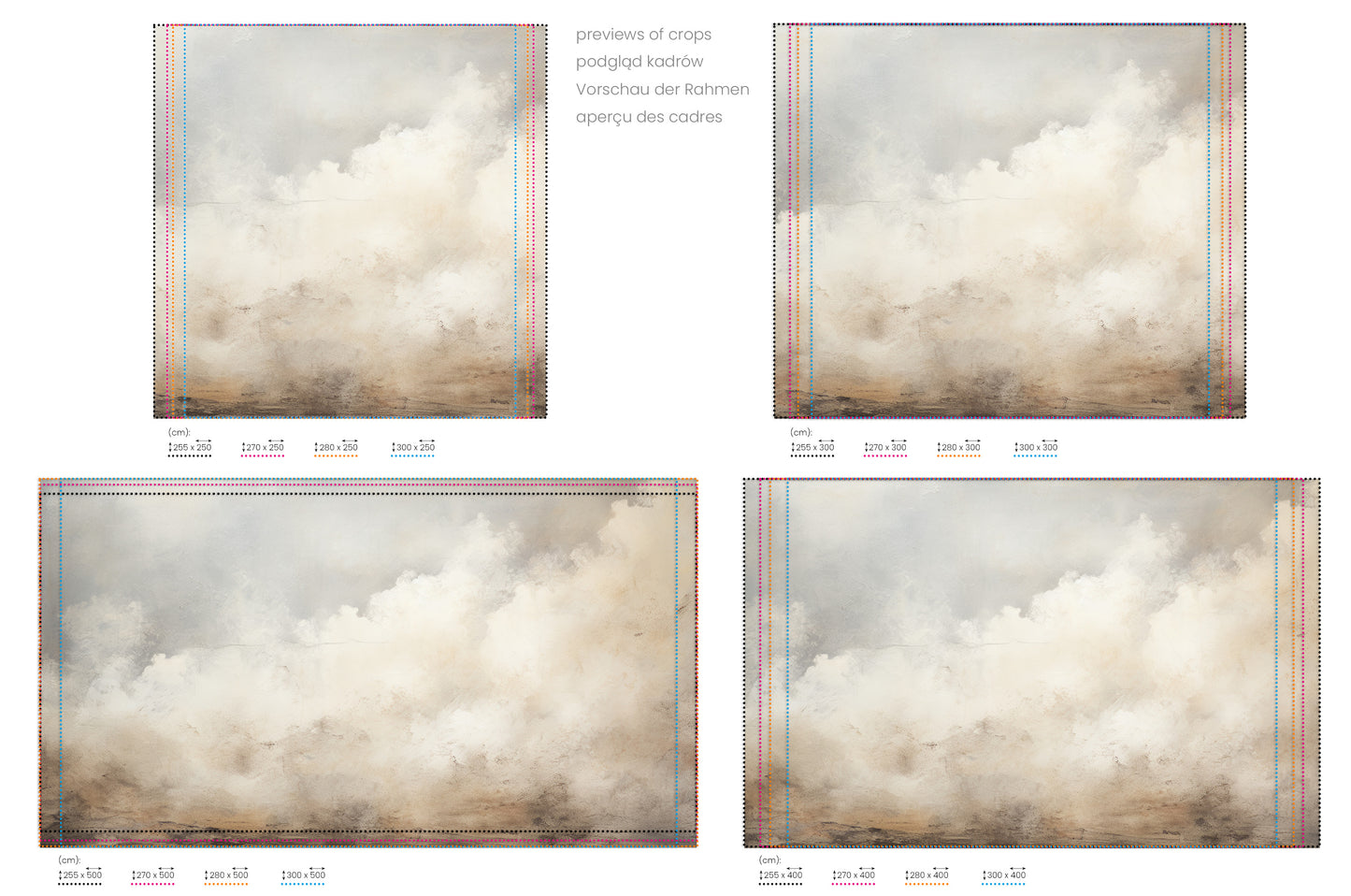 Na obrazie znajduje się prezentacja przykładowych rozmiarów fototapety o nazwie HORIZON'S BREATH CANVAS. Rozmiar fototapety jest dowolny.