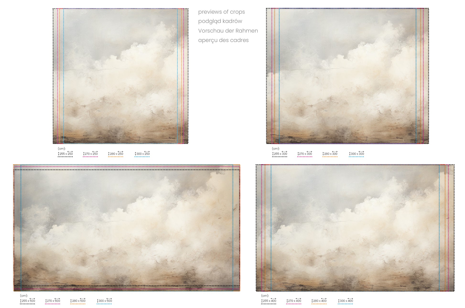 Na obrazie znajduje się prezentacja przykładowych rozmiarów fototapety o nazwie HORIZON'S BREATH CANVAS. Rozmiar fototapety jest dowolny.
