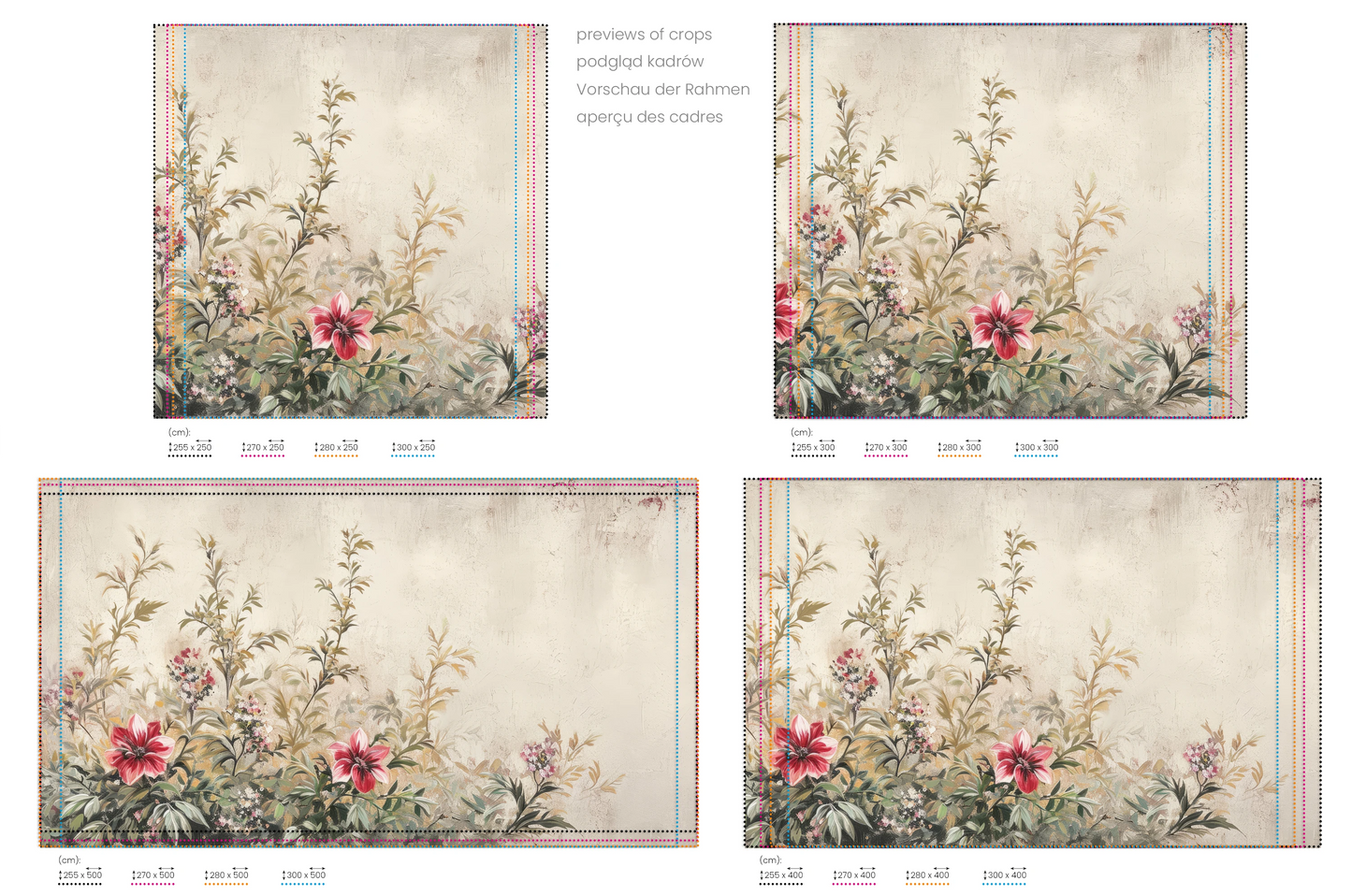 Na obrazie znajduje się prezentacja przykładowych rozmiarów fototapety o nazwie Antique Florals. Rozmiar fototapety jest dowolny.