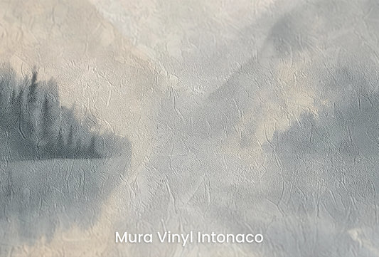 Zbliżenie na artystyczną fototapetę o nazwie Mglisty Poranek #2 na podłożu Mura Vinyl Intonaco - struktura tartego tynku.