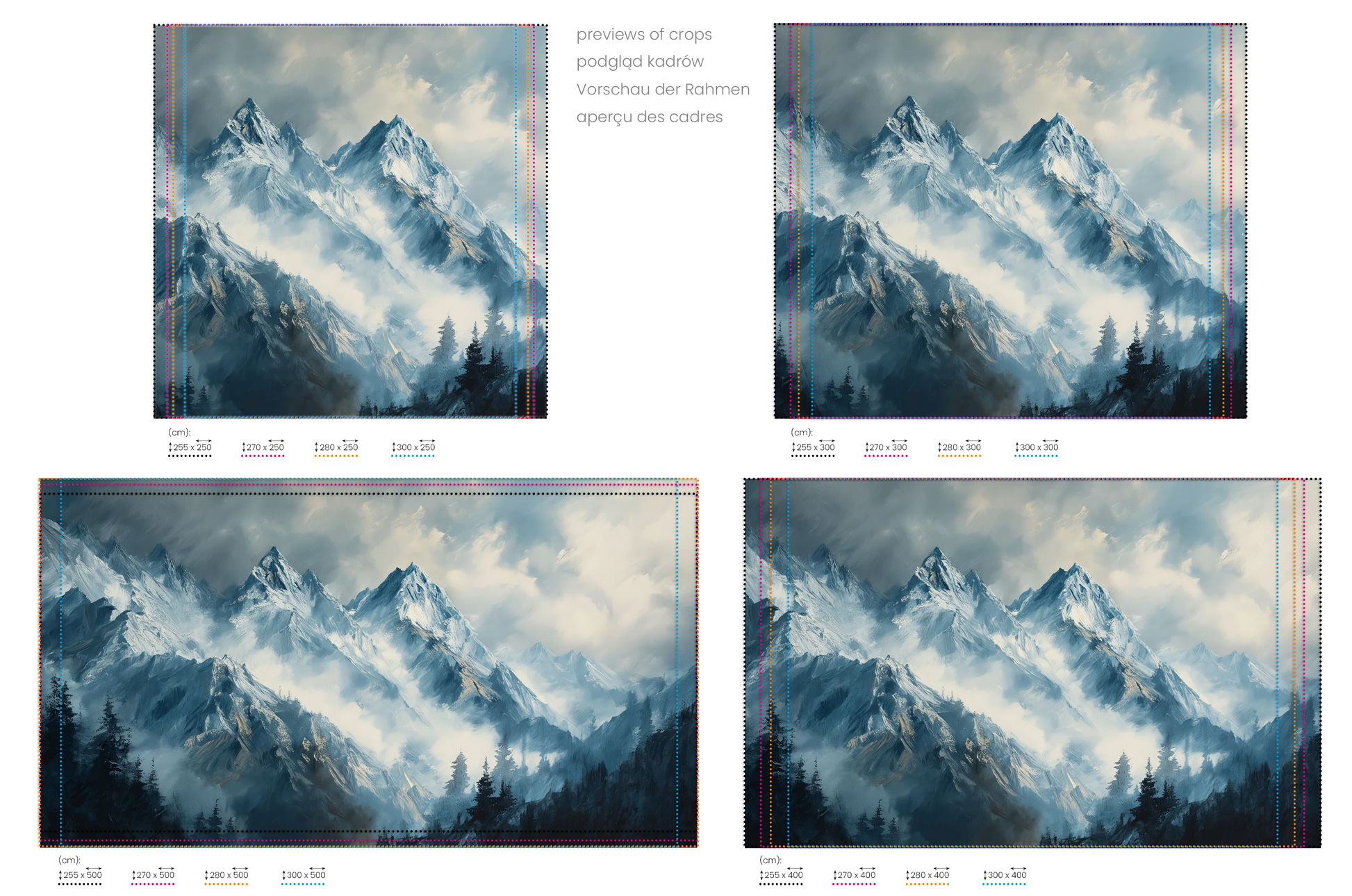 Na obrazie znajduje się prezentacja przykładowych rozmiarów fototapety o nazwie Icy Peaks. Rozmiar fototapety jest dowolny.