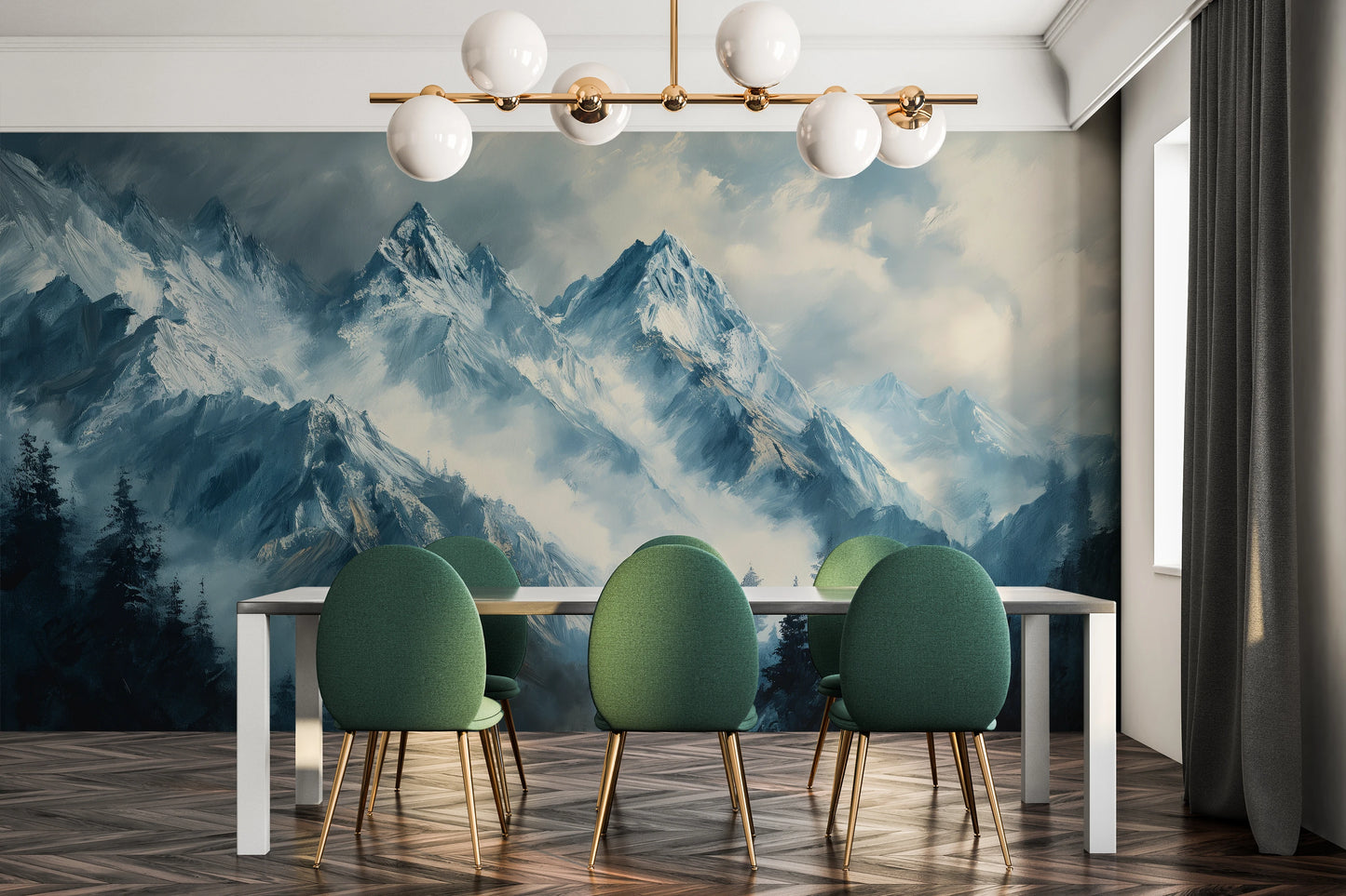 Wzór fototapety o nazwie Icy Peaks pokazanej w kontekście pomieszczenia.