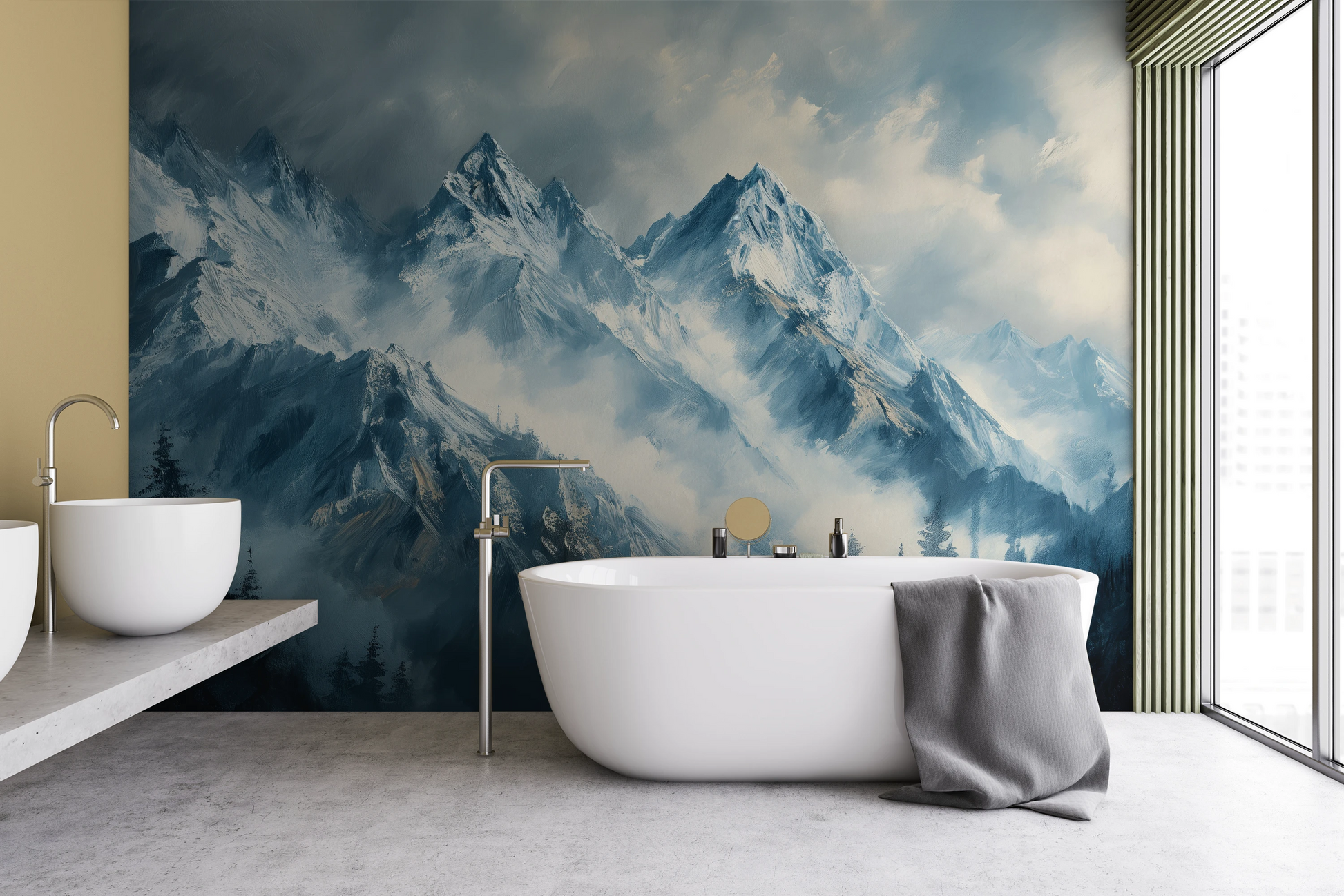 Wzór fototapety artystycznej o nazwie Icy Peaks pokazanej w aranżacji wnętrza.