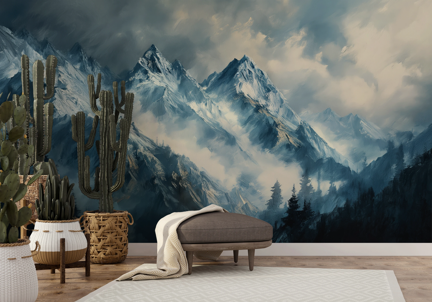 Fototapeta artystyczna o nazwie Icy Peaks pokazana w aranżacji wnętrza.