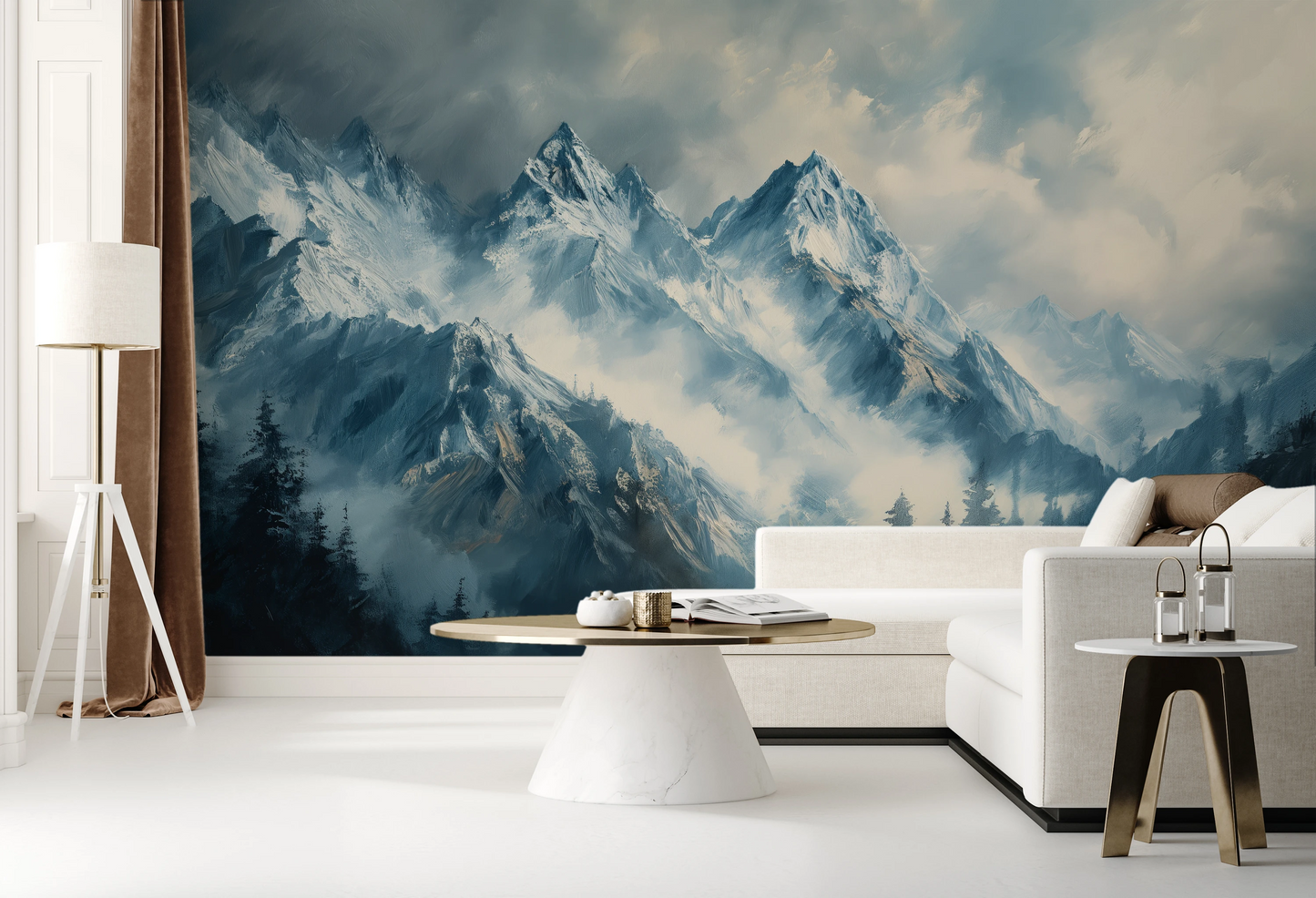 Wzór fototapety malowanej o nazwie Icy Peaks pokazanej w aranżacji wnętrza.