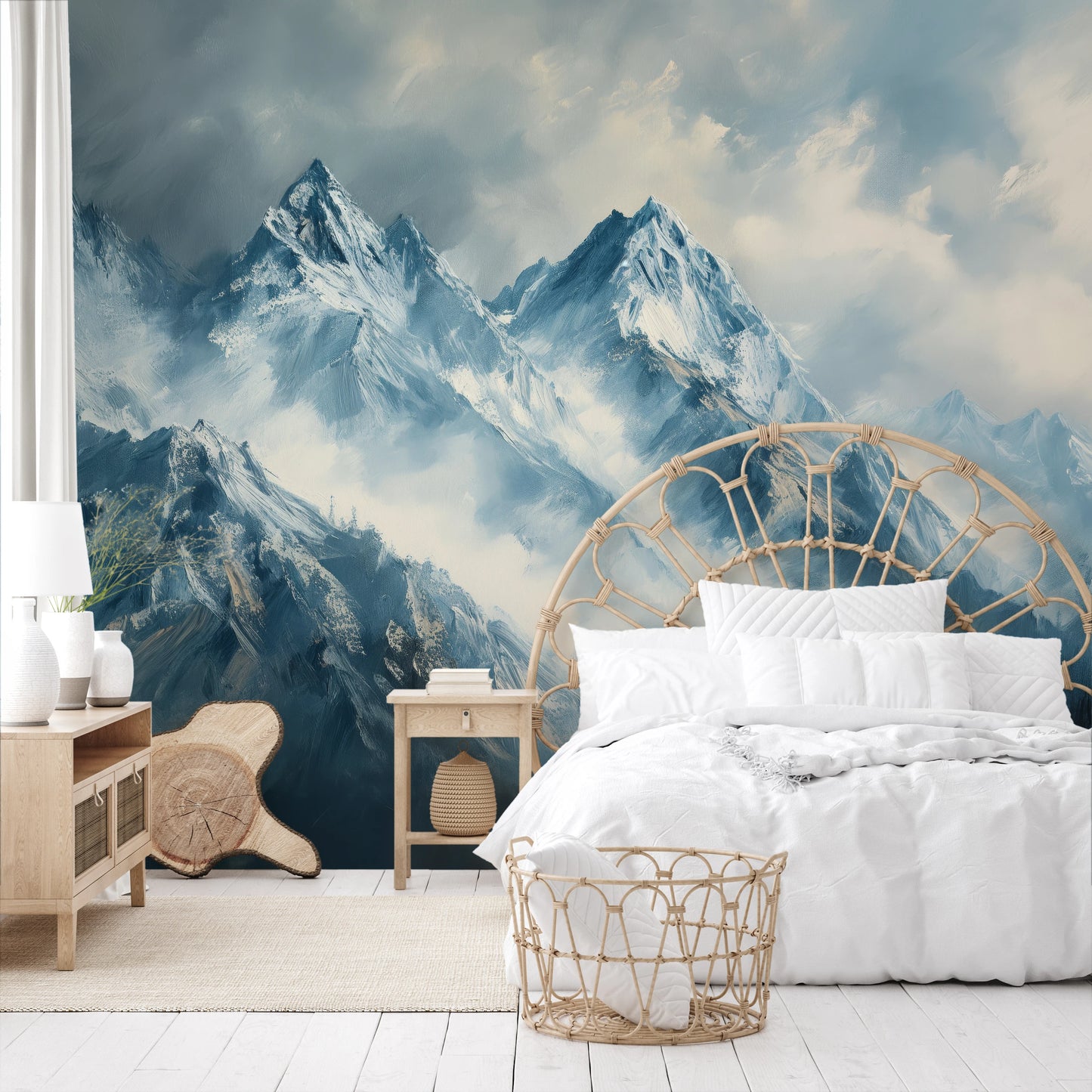 Zdjęcie prezentuje aranżację wnętrza z użyciem fototapety o nazwie Icy Peaks pokazanej w aranżacji wnętrza.