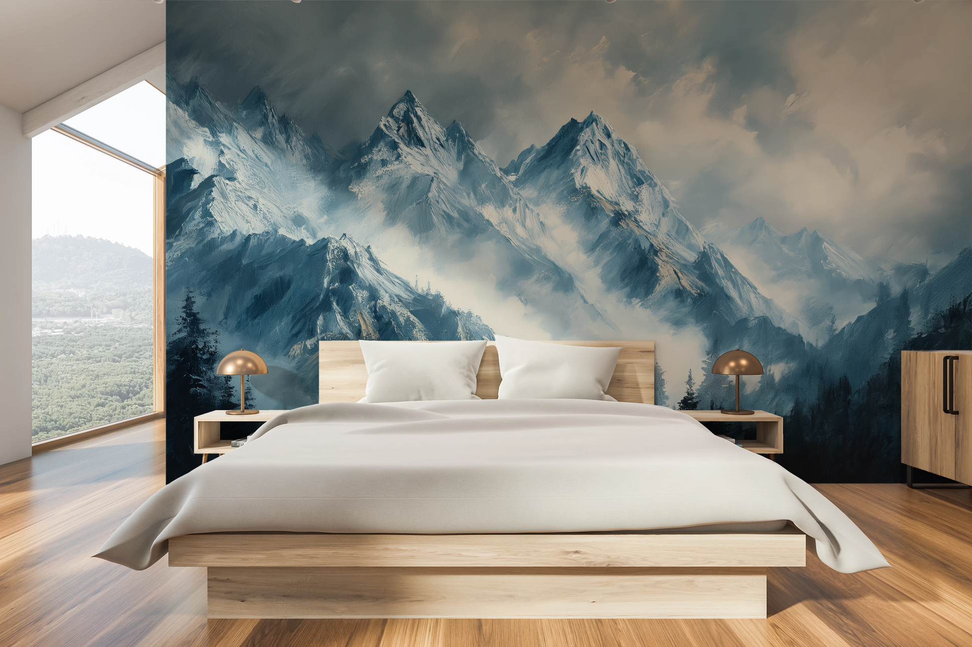 Wzór fototapety artystycznej o nazwie Icy Peaks pokazanej w aranżacji wnętrza.