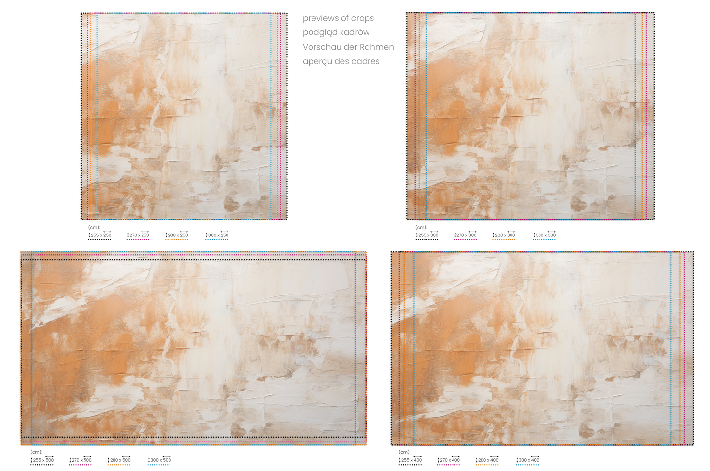 Na obrazie znajduje się prezentacja przykładowych rozmiarów fototapety o nazwie Soft Harmony. Rozmiar fototapety jest dowolny.
