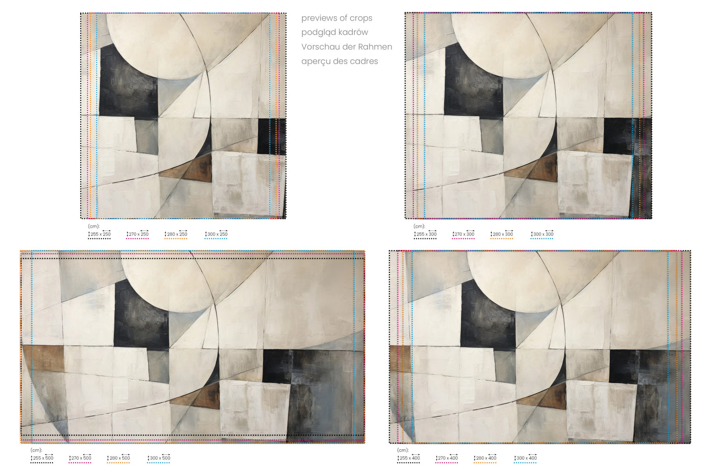 Na obrazie znajduje się prezentacja przykładowych rozmiarów fototapety o nazwie Geometric Composition. Rozmiar fototapety jest dowolny.