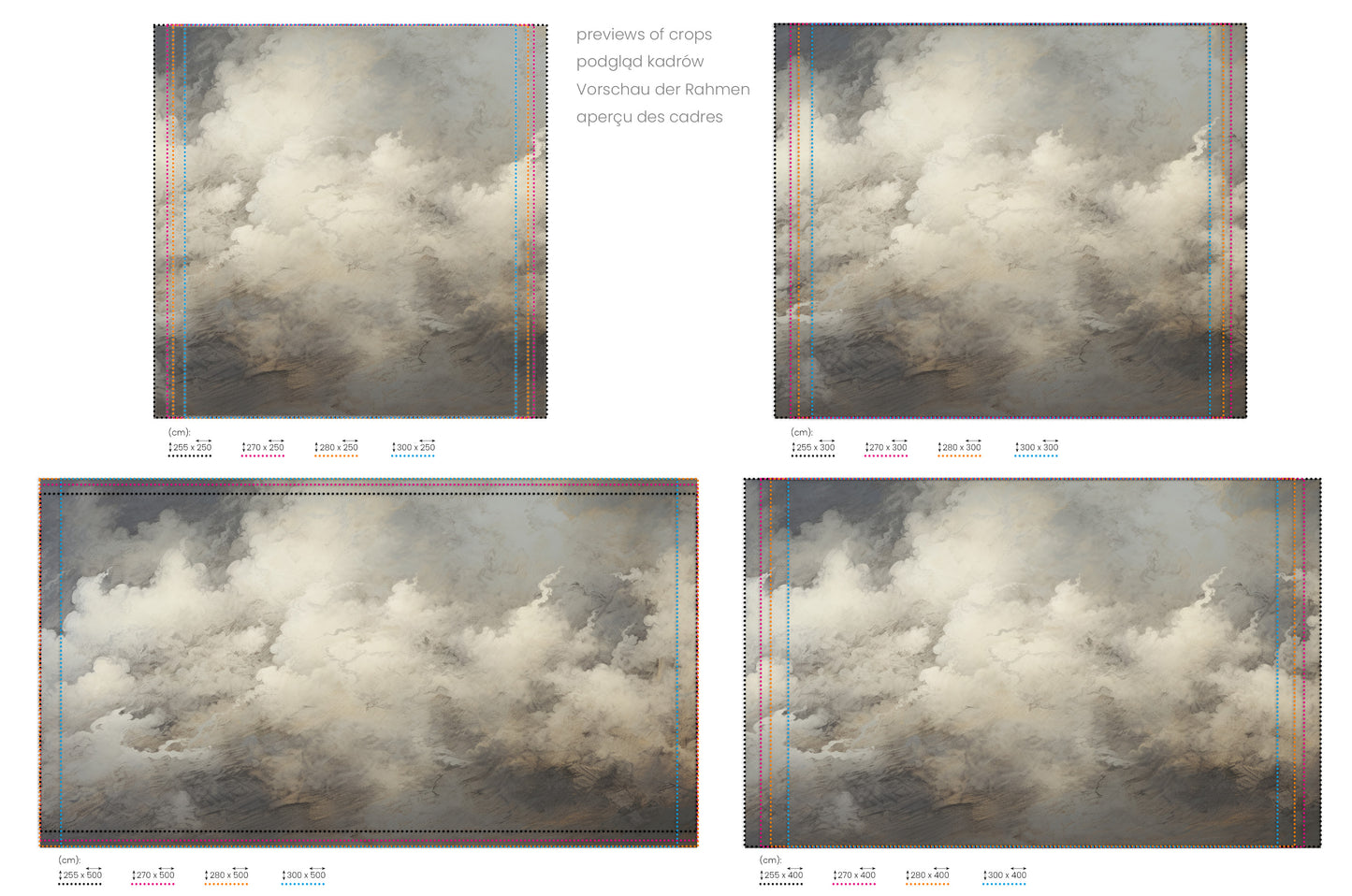 Na obrazie znajduje się prezentacja przykładowych rozmiarów fototapety o nazwie CELESTIAL TEMPEST CANVAS. Rozmiar fototapety jest dowolny.