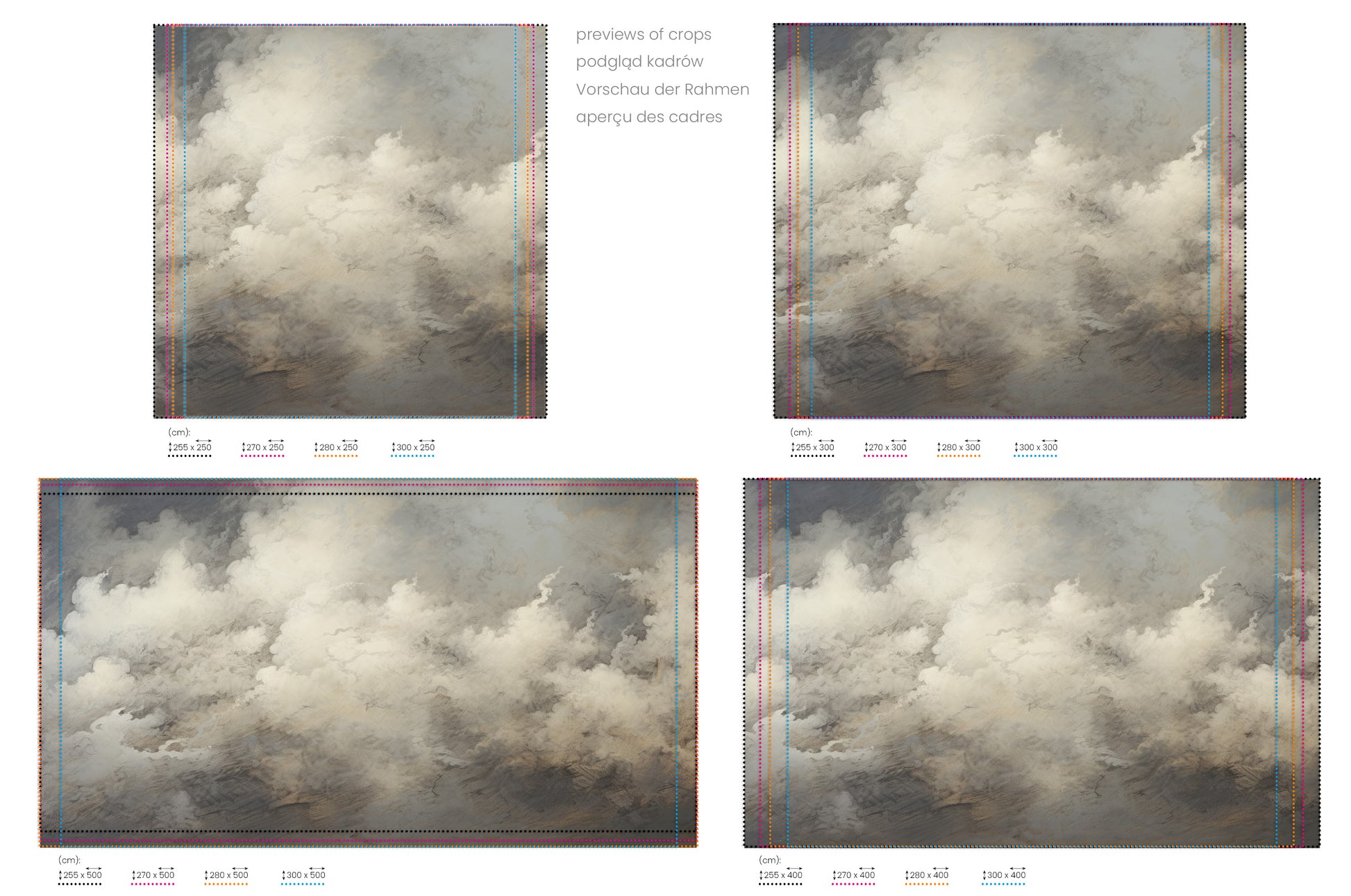 Na obrazie znajduje się prezentacja przykładowych rozmiarów fototapety o nazwie CELESTIAL TEMPEST CANVAS. Rozmiar fototapety jest dowolny.