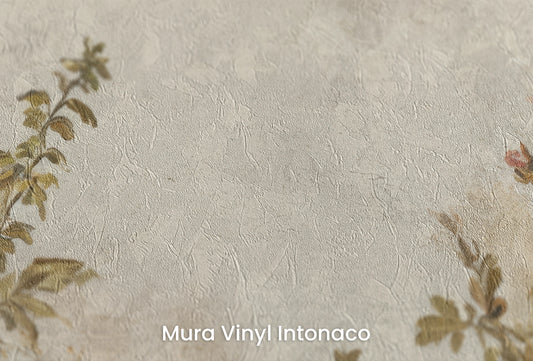 Zbliżenie na artystyczną fototapetę o nazwie Vintage Rose Garden na podłożu Mura Vinyl Intonaco - struktura tartego tynku.