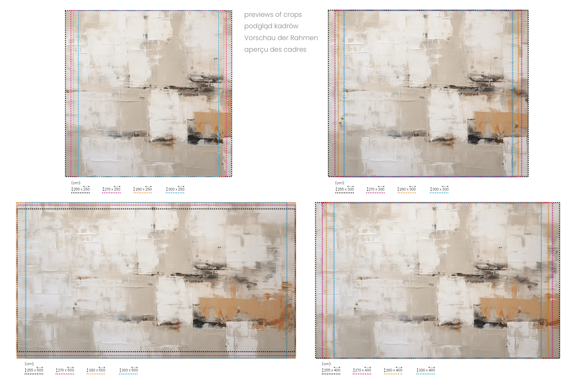 Na obrazie znajduje się prezentacja przykładowych rozmiarów fototapety o nazwie Abstract Impressions. Rozmiar fototapety jest dowolny.