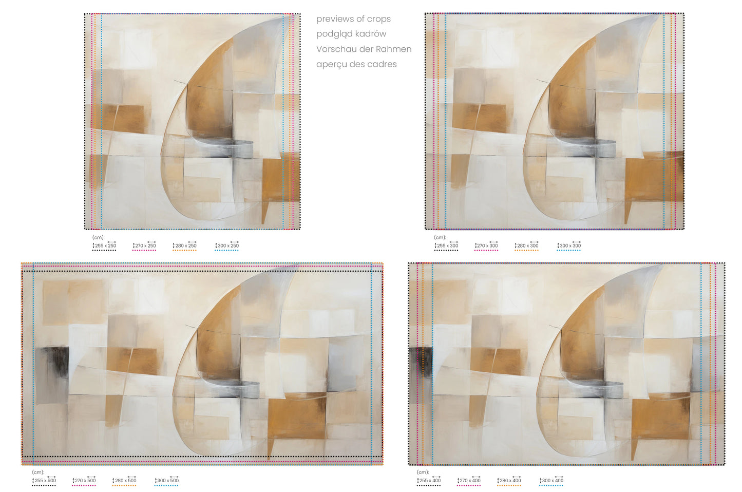 Na obrazie znajduje się prezentacja przykładowych rozmiarów fototapety o nazwie Soft Geometric Curves. Rozmiar fototapety jest dowolny.