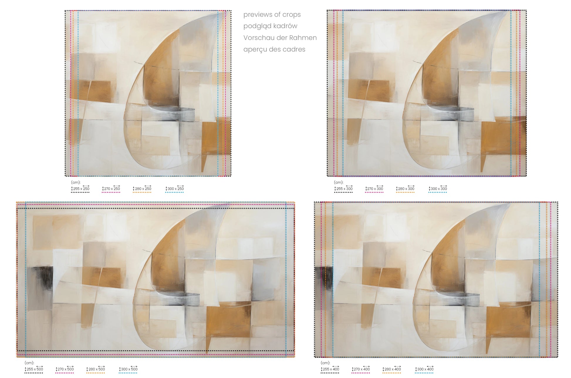 Na obrazie znajduje się prezentacja przykładowych rozmiarów fototapety o nazwie Soft Geometric Curves. Rozmiar fototapety jest dowolny.