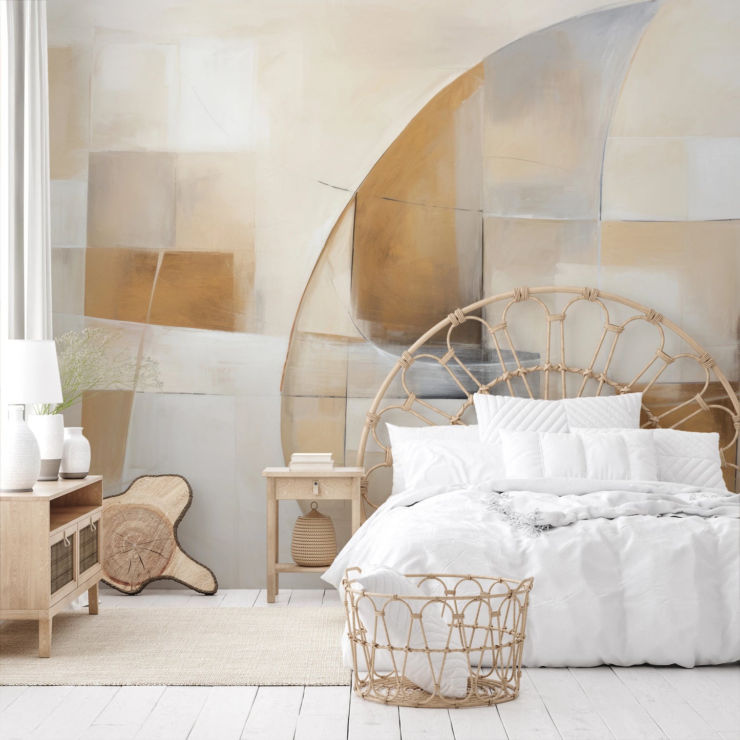 Fototapeta artystyczna o nazwie Soft Geometric Curves pokazana w aranżacji wnętrza.