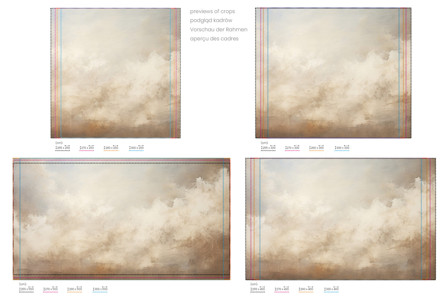 Na obrazie znajduje się prezentacja przykładowych rozmiarów fototapety o nazwie DAWN'S TRANQUIL LIGHT CANVAS. Rozmiar fototapety jest dowolny.