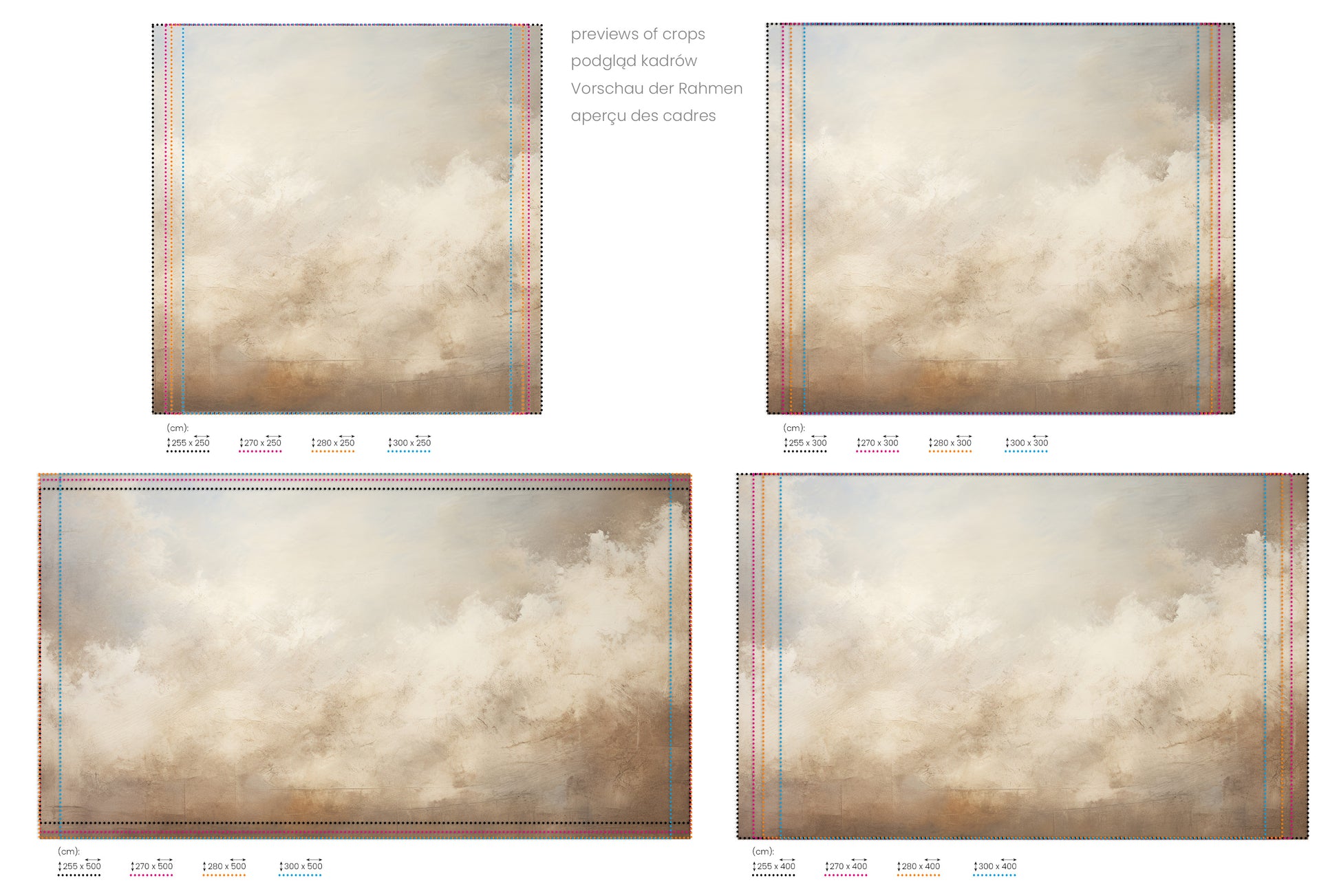 Na obrazie znajduje się prezentacja przykładowych rozmiarów fototapety o nazwie DAWN'S TRANQUIL LIGHT CANVAS. Rozmiar fototapety jest dowolny.