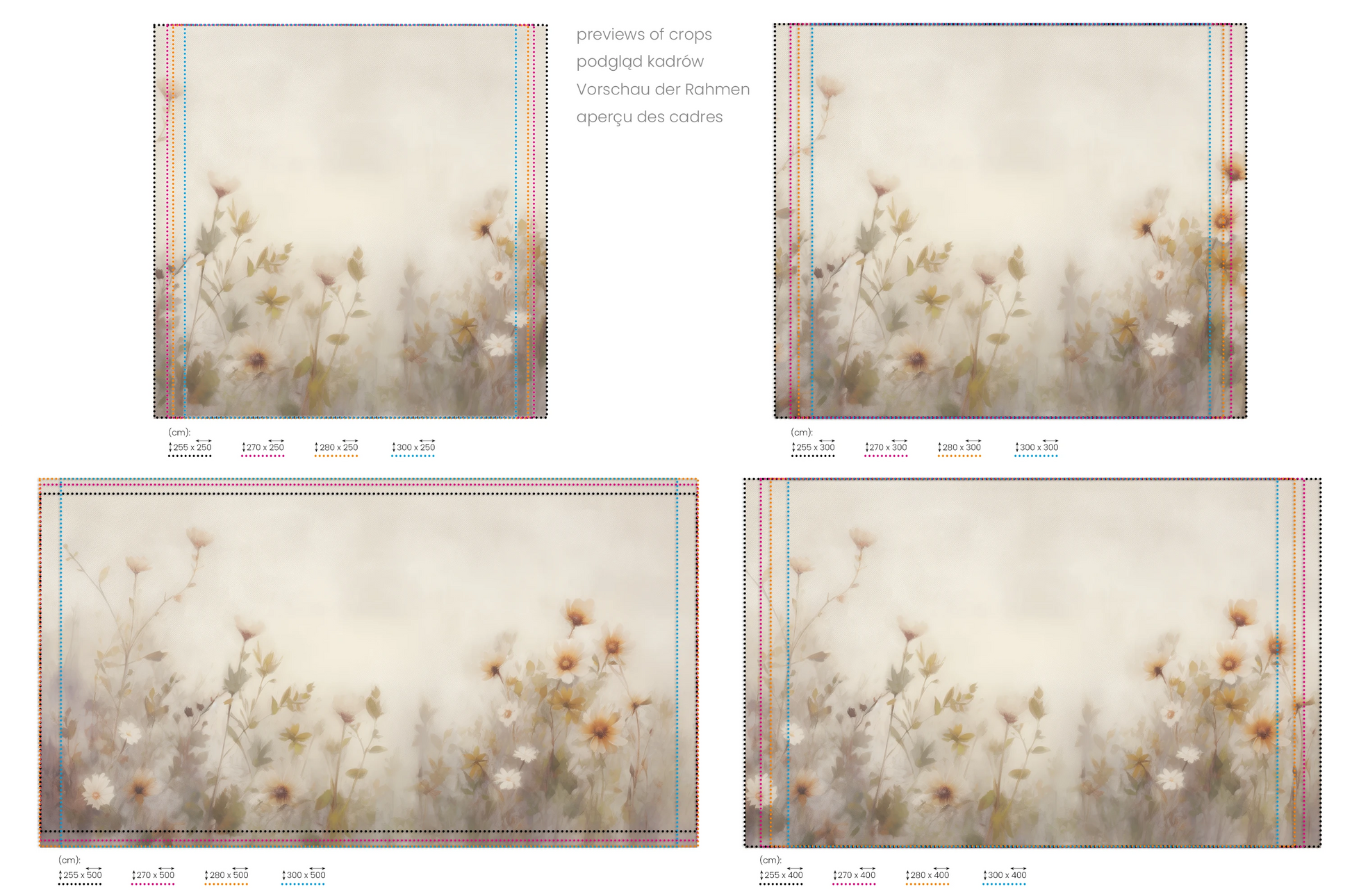 Na obrazie znajduje się prezentacja przykładowych rozmiarów fototapety o nazwie Soft Elegance. Rozmiar fototapety jest dowolny.