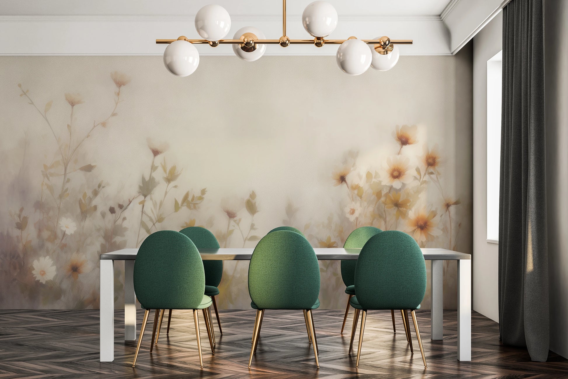 Wzór fototapety malowanej o nazwie Soft Elegance pokazanej w aranżacji wnętrza.