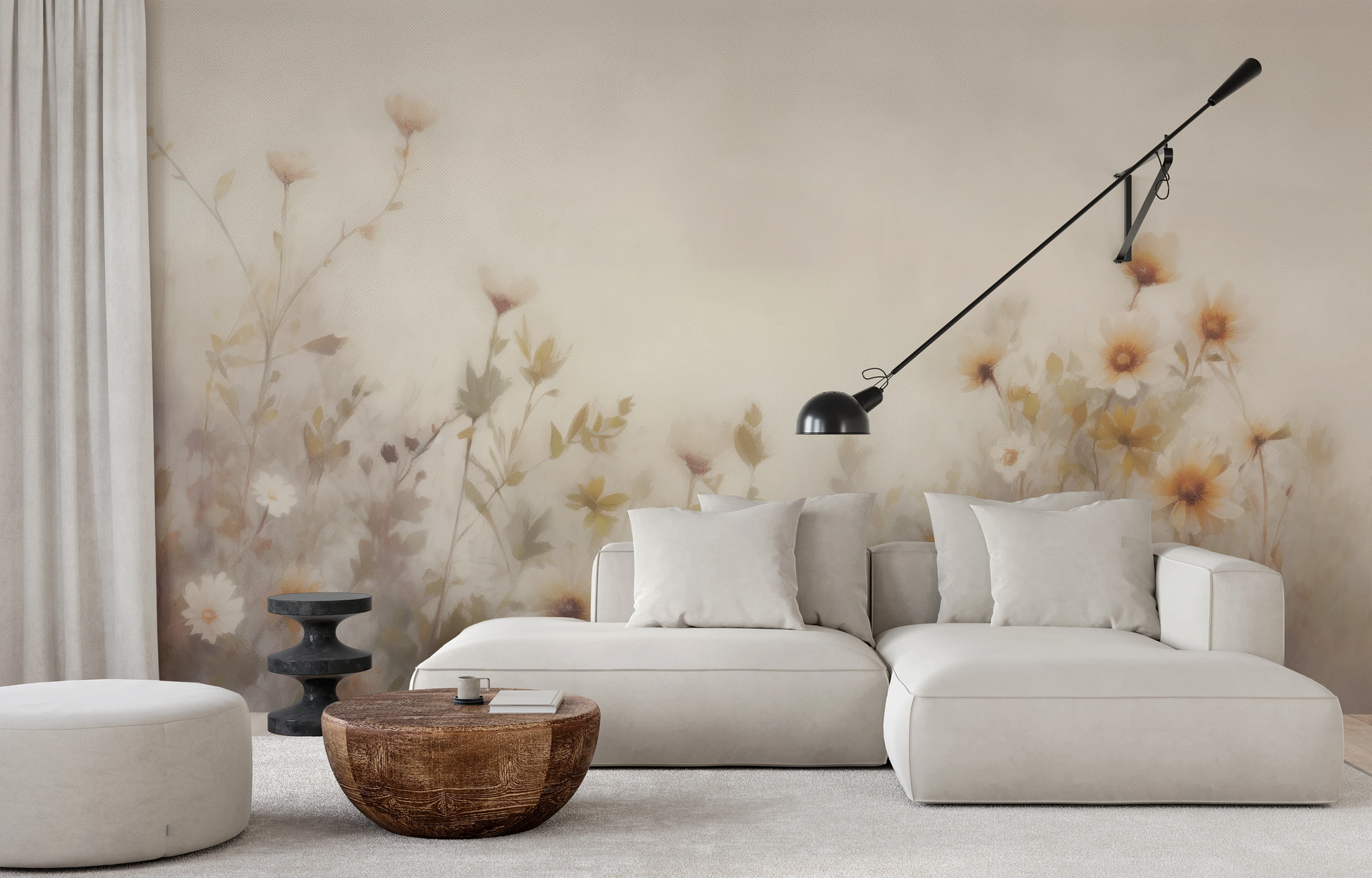 Wzór fototapety artystycznej o nazwie Soft Elegance pokazanej w aranżacji wnętrza.