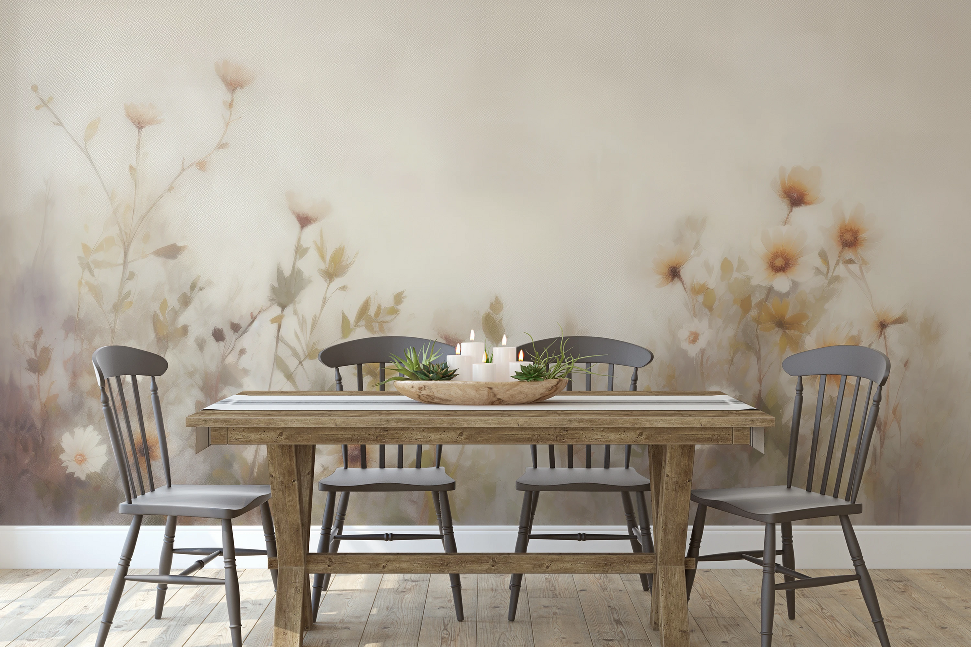 Wzór fototapety artystycznej o nazwie Soft Elegance pokazanej w aranżacji wnętrza.