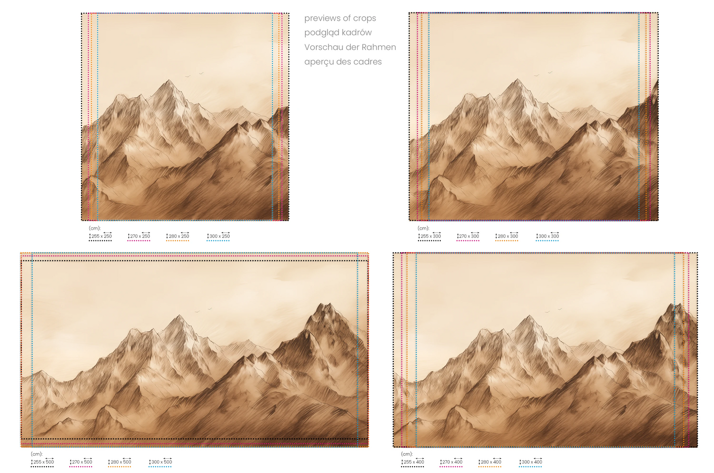 Na obrazie znajduje się prezentacja przykładowych rozmiarów fototapety o nazwie Sepia Peaks. Rozmiar fototapety jest dowolny.