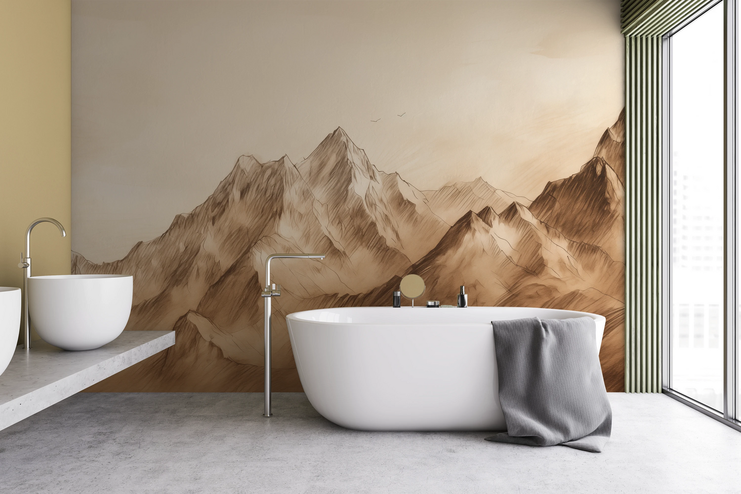 Wzór fototapety artystycznej o nazwie Sepia Peaks pokazanej w aranżacji wnętrza.