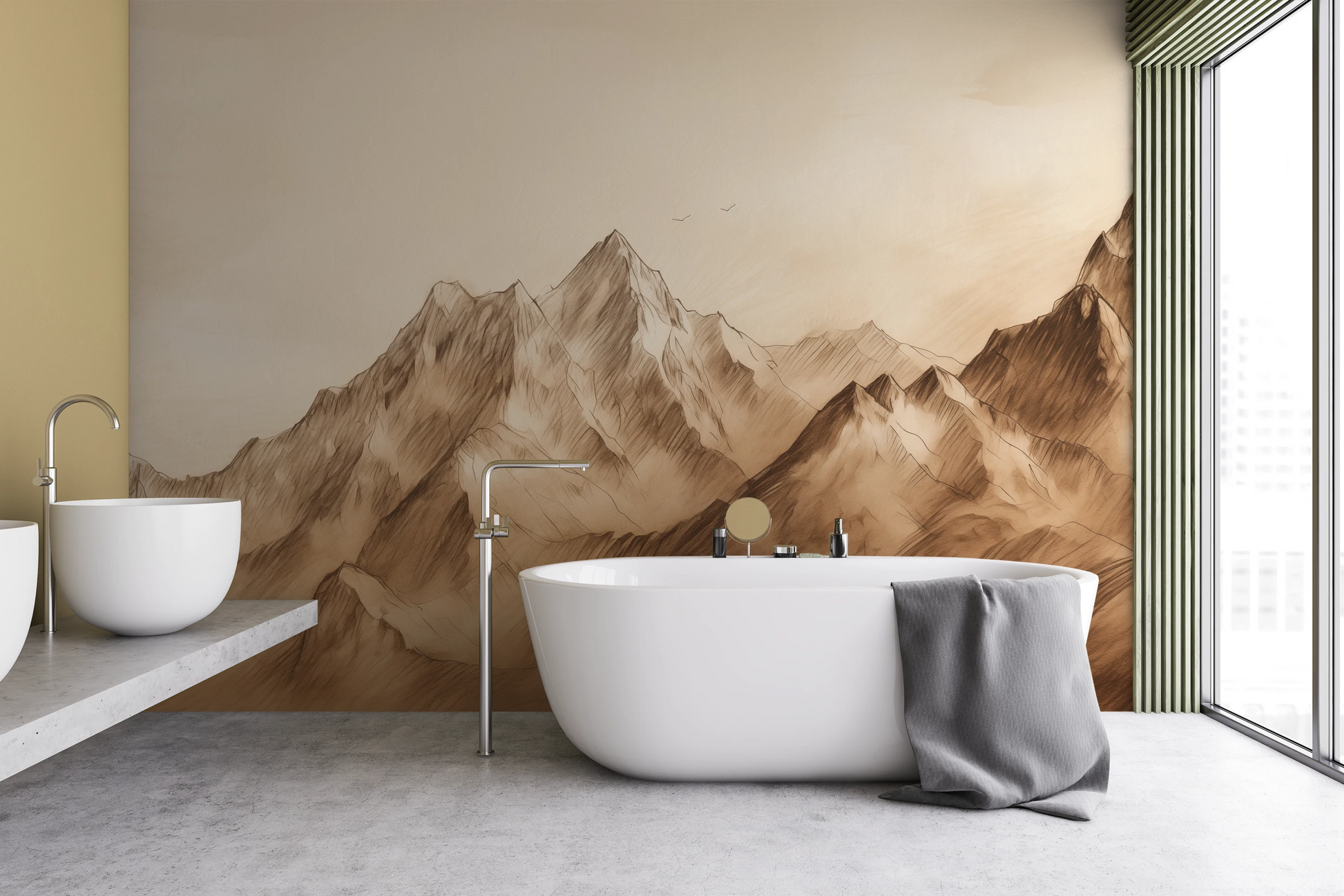 Wzór fototapety artystycznej o nazwie Sepia Peaks pokazanej w aranżacji wnętrza.