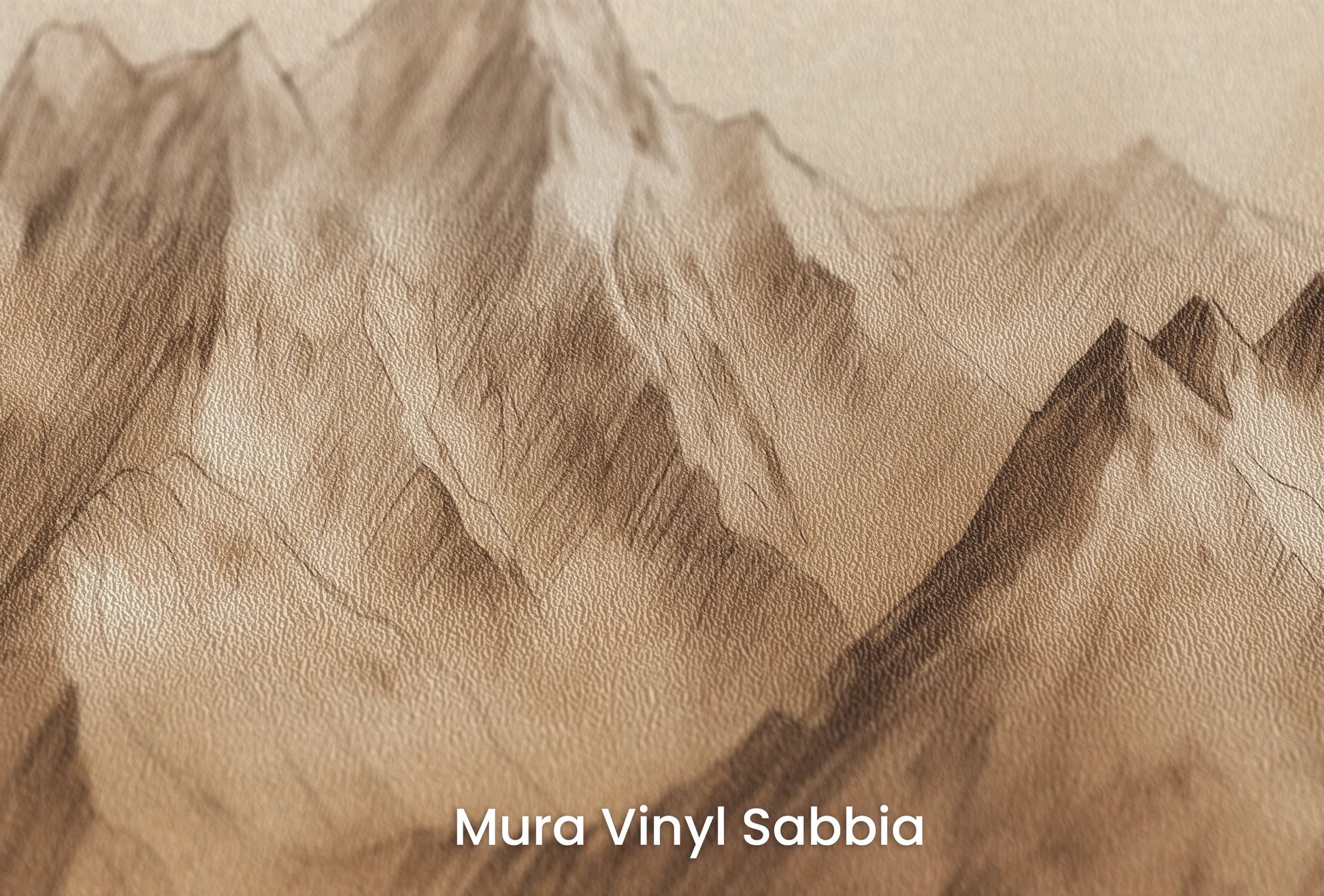 Zbliżenie na artystyczną fototapetę o nazwie Sepia Peaks na podłożu Mura Vinyl Sabbia struktura grubego ziarna piasku.