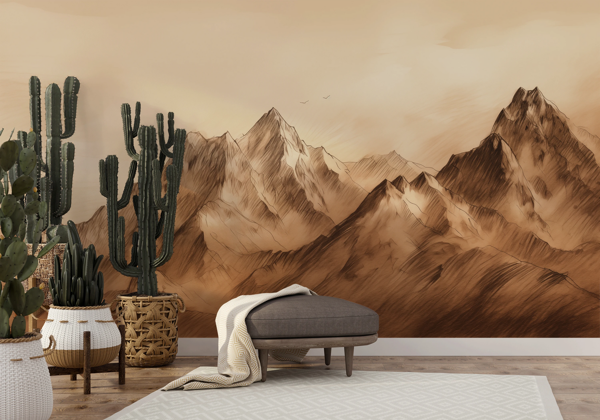 Fototapeta artystyczna o nazwie Sepia Peaks pokazana w aranżacji wnętrza.