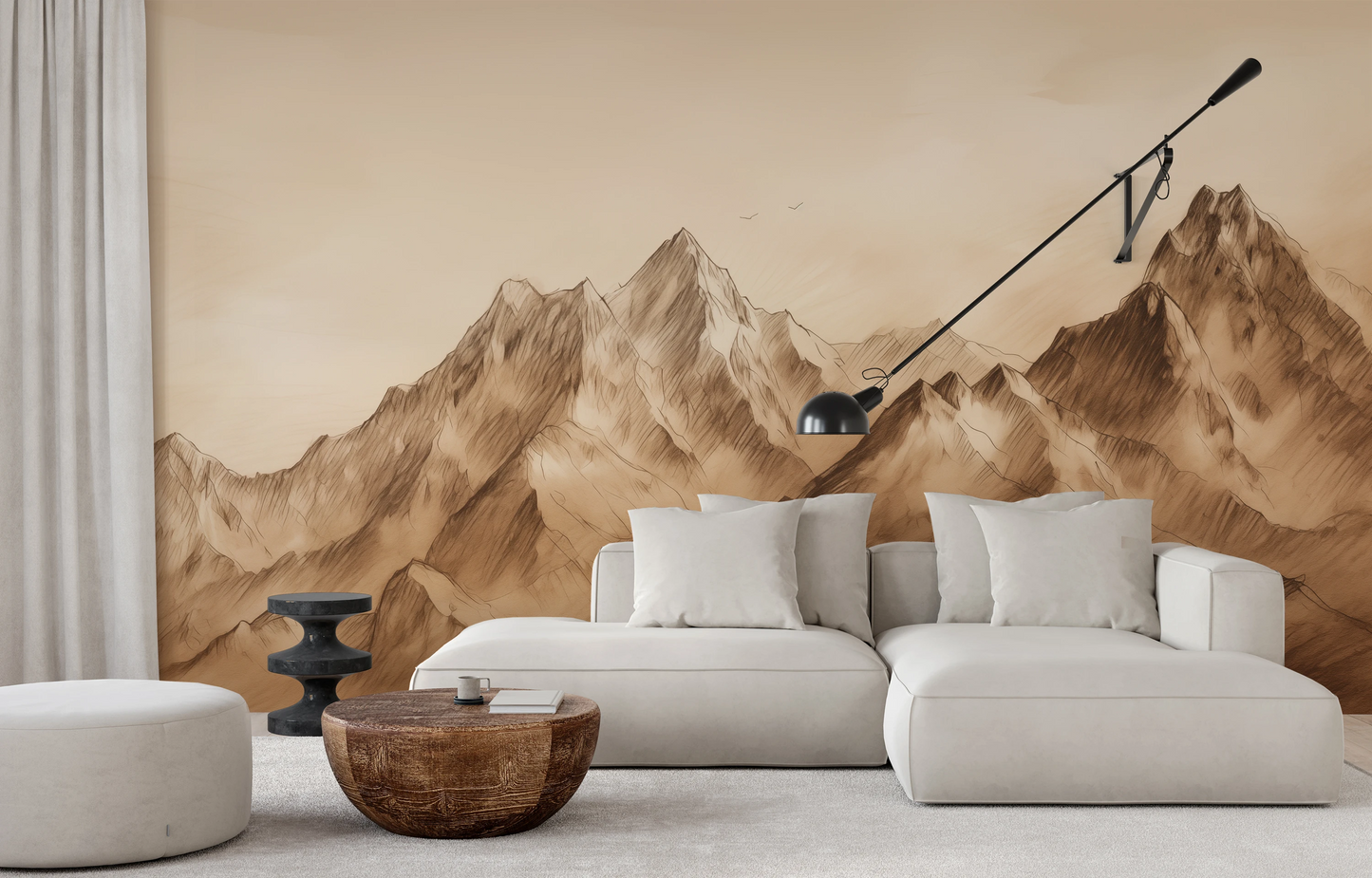 Wzór fototapety o nazwie Sepia Peaks pokazanej w kontekście pomieszczenia.