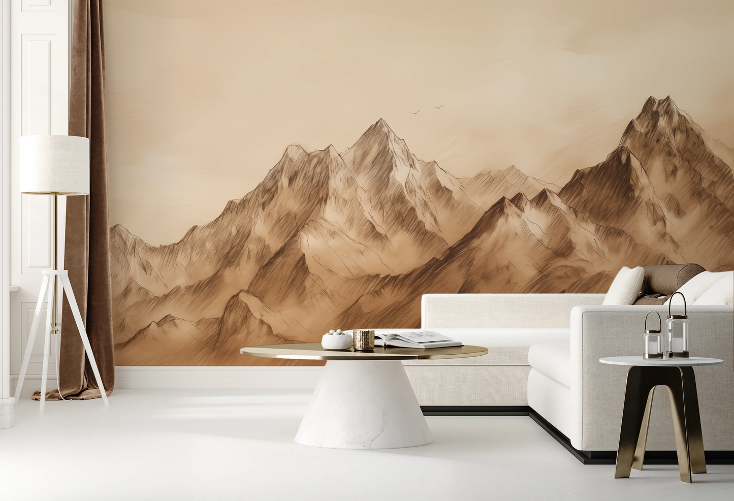 Zdjęcie prezentuje aranżację wnętrza z użyciem fototapety o nazwie Sepia Peaks pokazanej w aranżacji wnętrza.