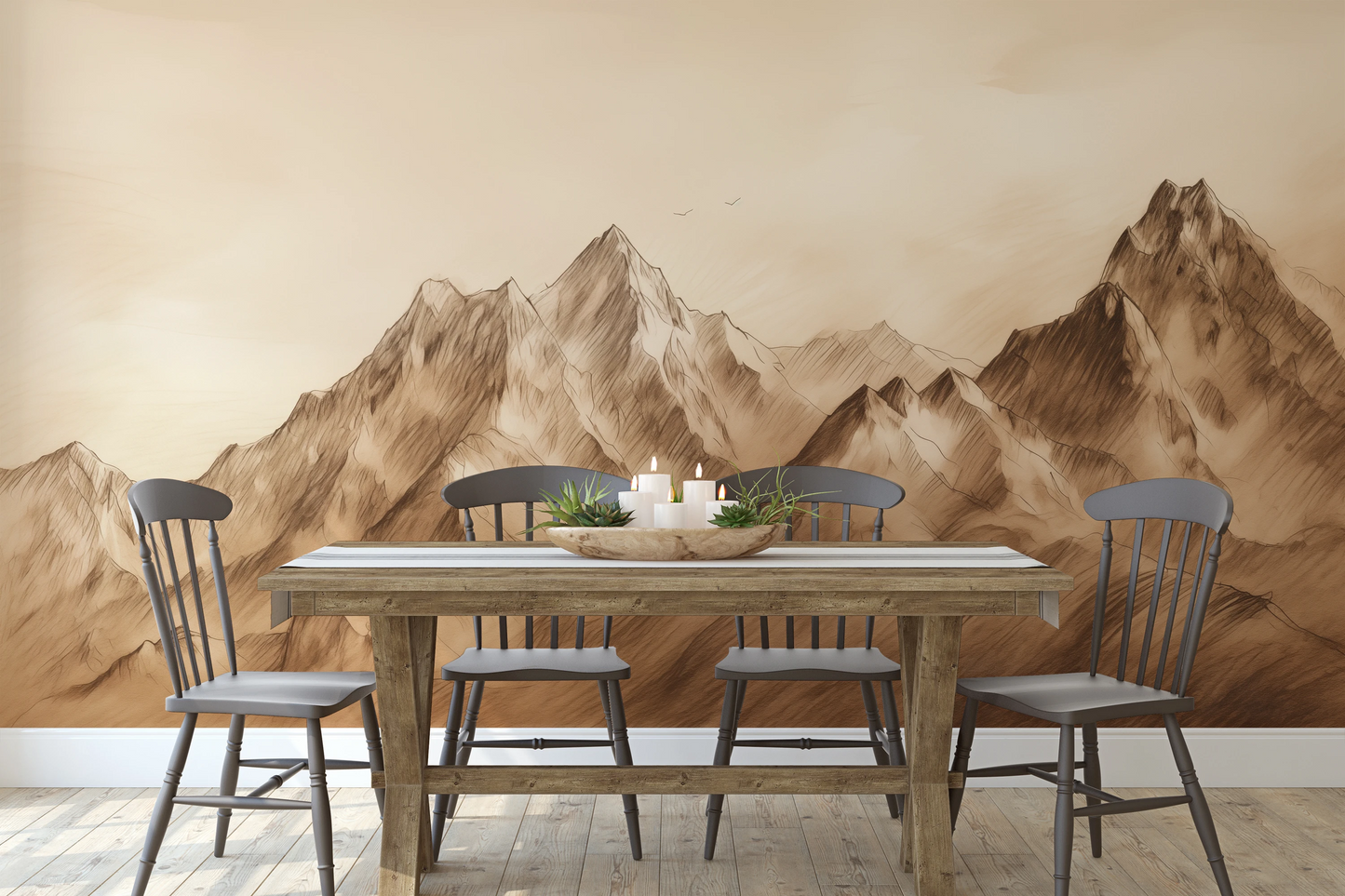Wzór fototapety malowanej o nazwie Sepia Peaks pokazanej w aranżacji wnętrza.