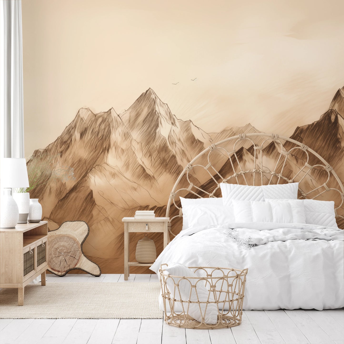 Wzór fototapety artystycznej o nazwie Sepia Peaks pokazanej w aranżacji wnętrza.