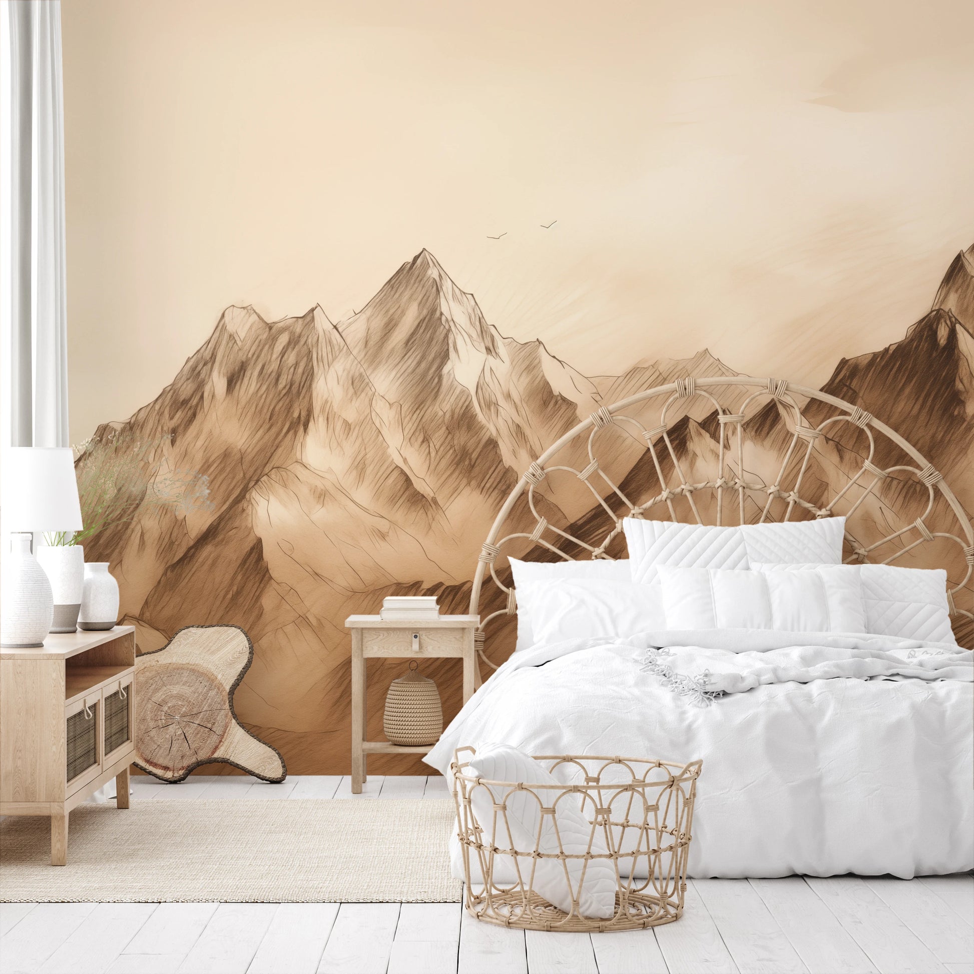 Wzór fototapety artystycznej o nazwie Sepia Peaks pokazanej w aranżacji wnętrza.