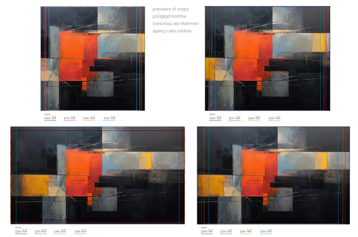 Na obrazie znajduje się prezentacja przykładowych rozmiarów fototapety o nazwie Modern Color Blocks. Rozmiar fototapety jest dowolny.