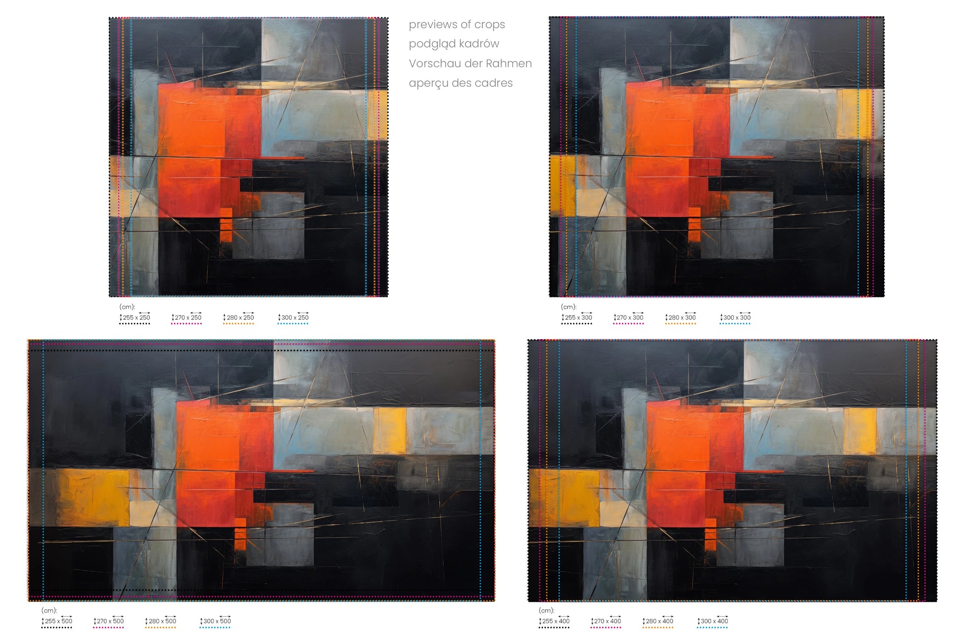 Na obrazie znajduje się prezentacja przykładowych rozmiarów fototapety o nazwie Modern Color Blocks. Rozmiar fototapety jest dowolny.
