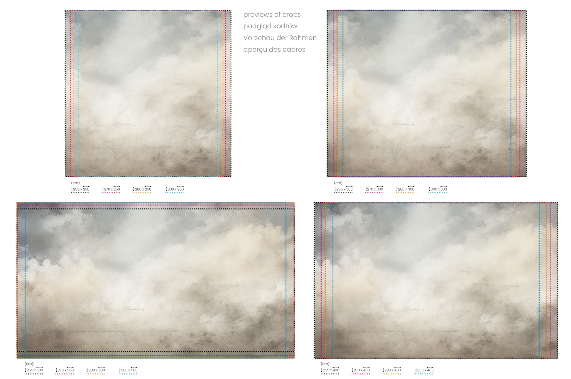 Na obrazie znajduje się prezentacja przykładowych rozmiarów fototapety o nazwie DIVINE LIGHT MURAL CANVAS. Rozmiar fototapety jest dowolny.