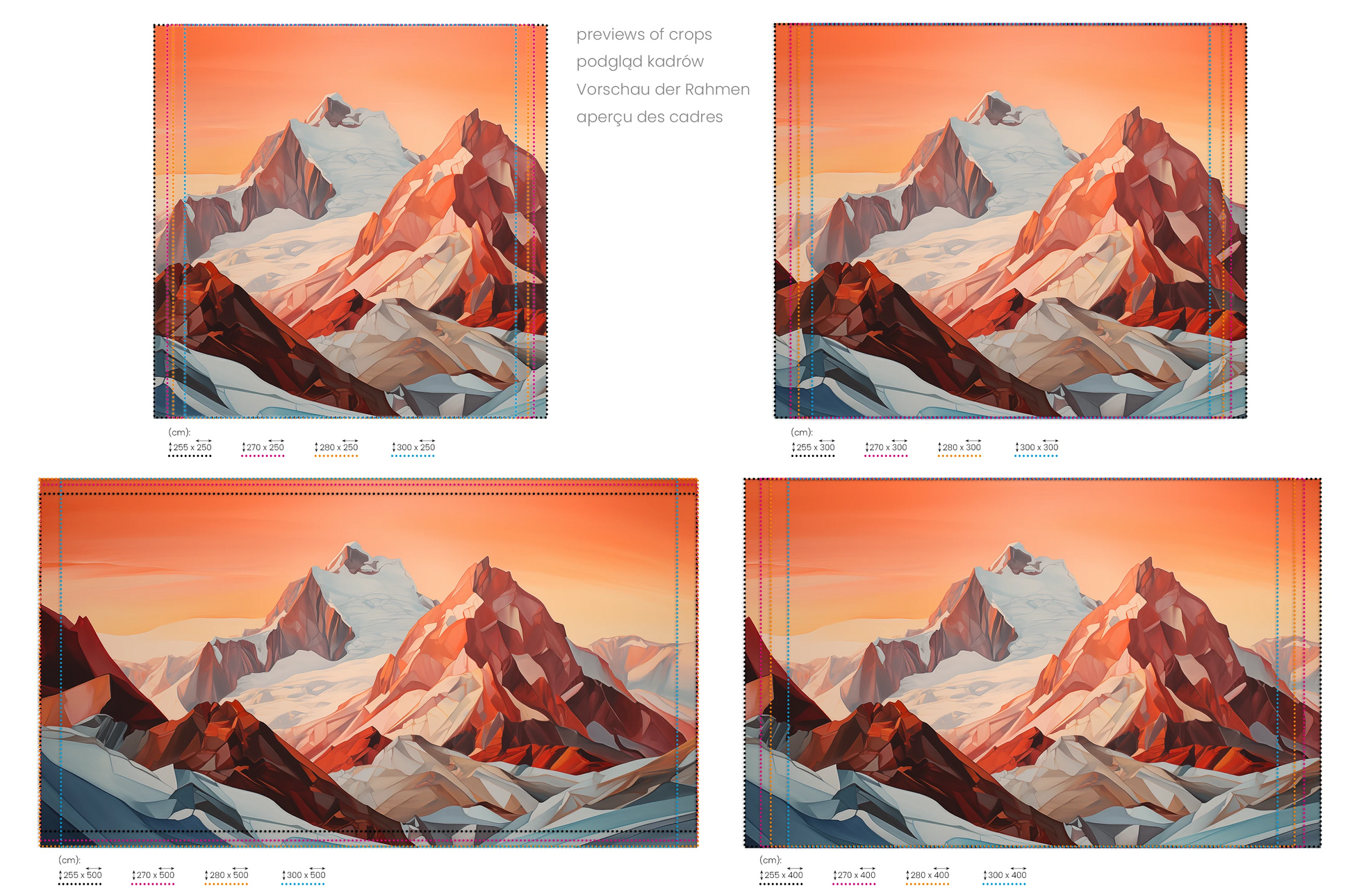 Na obrazie znajduje się prezentacja przykładowych rozmiarów fototapety o nazwie Crimson Ridge. Rozmiar fototapety jest dowolny.