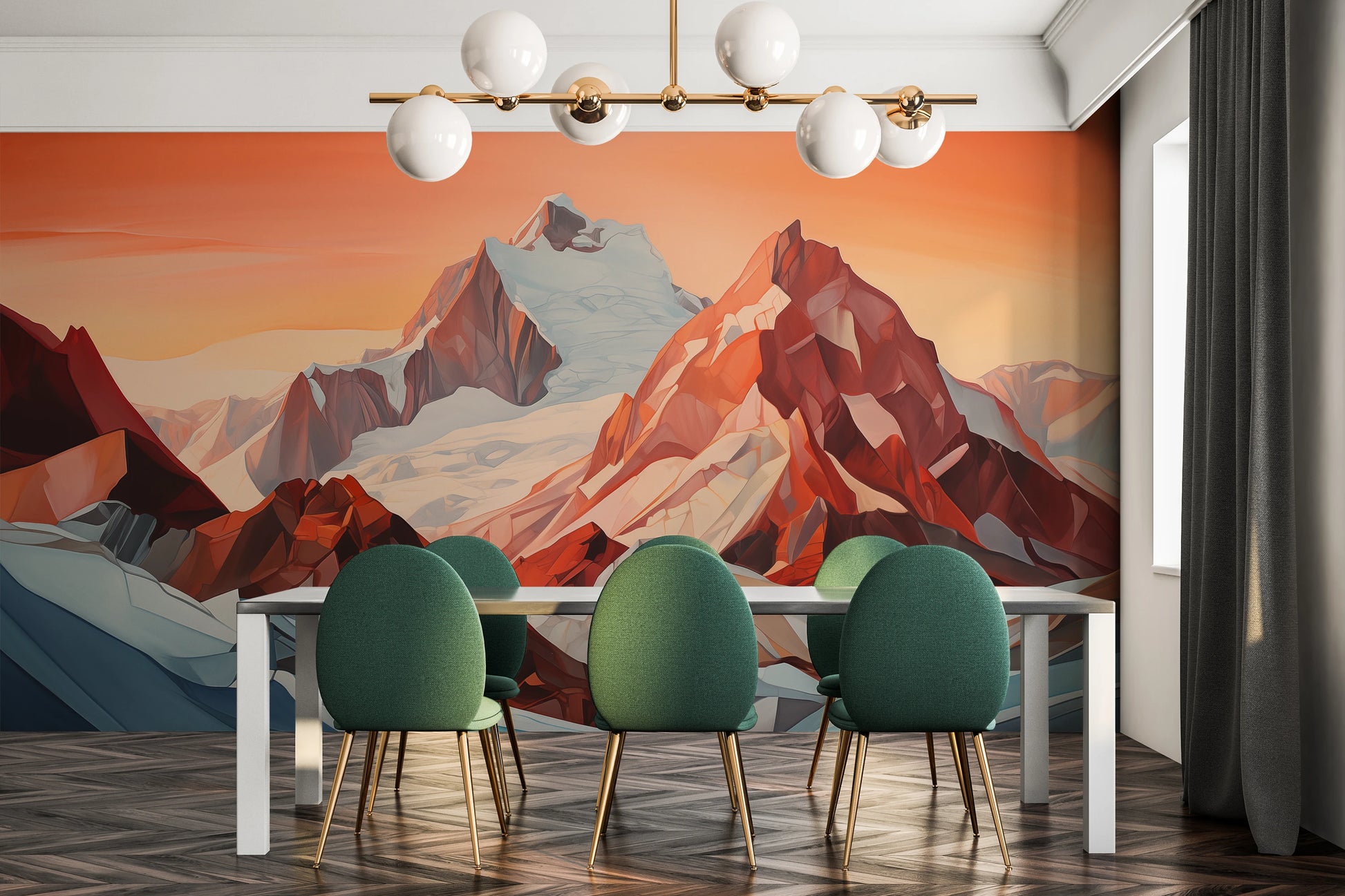 Zdjęcie prezentuje aranżację wnętrza z użyciem fototapety o nazwie Crimson Ridge pokazanej w aranżacji wnętrza.