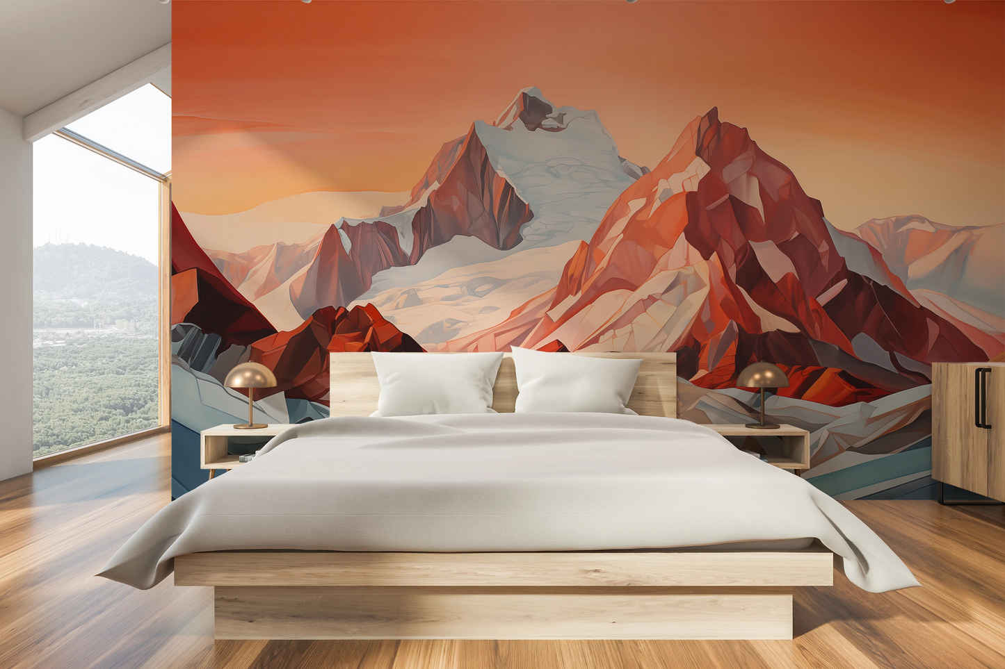 Wzór fototapety malowanej o nazwie Crimson Ridge pokazanej w aranżacji wnętrza.