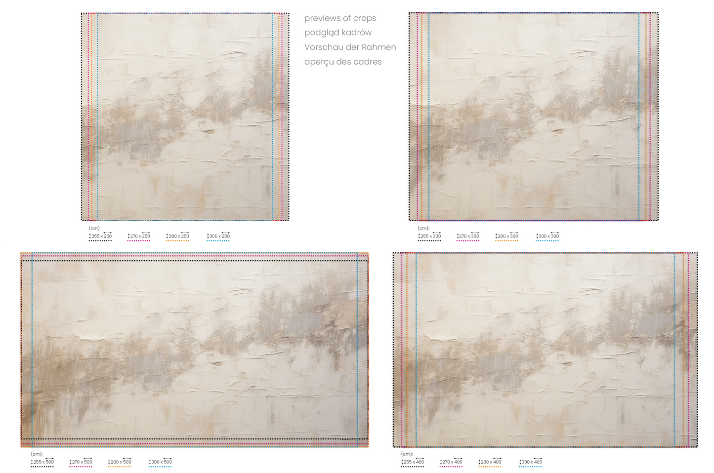 Na obrazie znajduje się prezentacja przykładowych rozmiarów fototapety o nazwie Tonal Tranquility. Rozmiar fototapety jest dowolny.