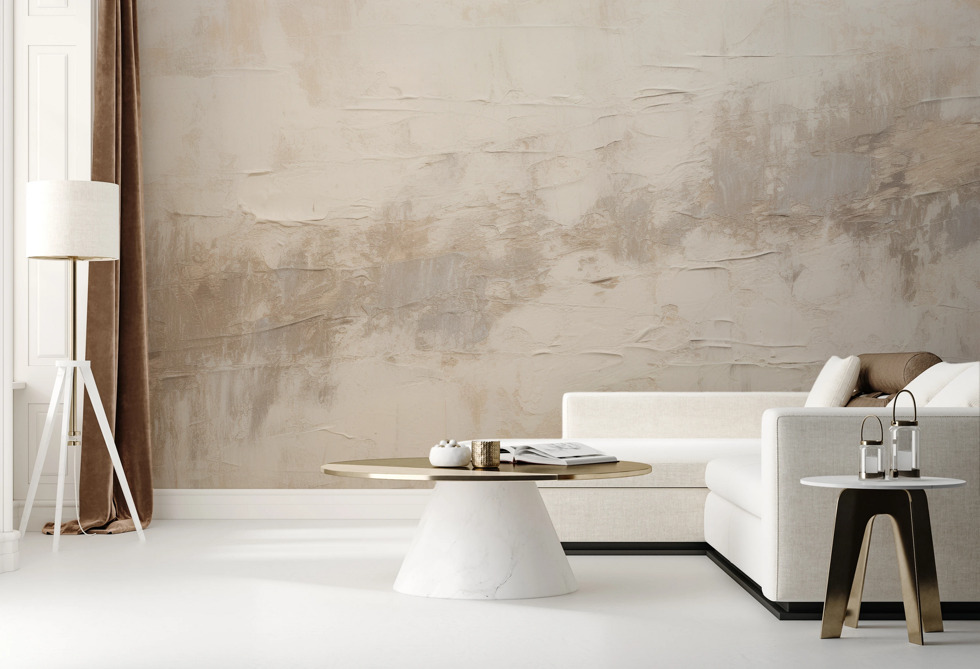 Wzór fototapety malowanej o nazwie Tonal Tranquility pokazanej w aranżacji wnętrza.