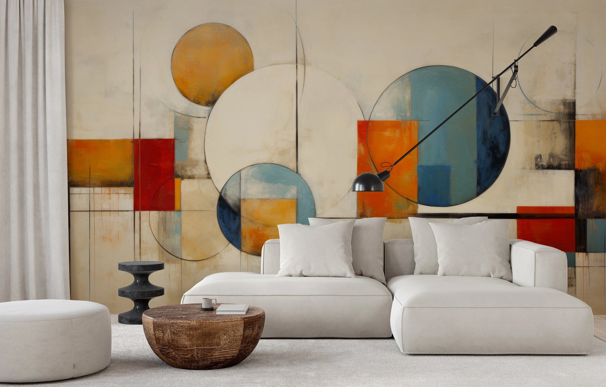 Wzór fototapety malowanej o nazwie Circular Geometric Harmony pokazanej w aranżacji wnętrza.