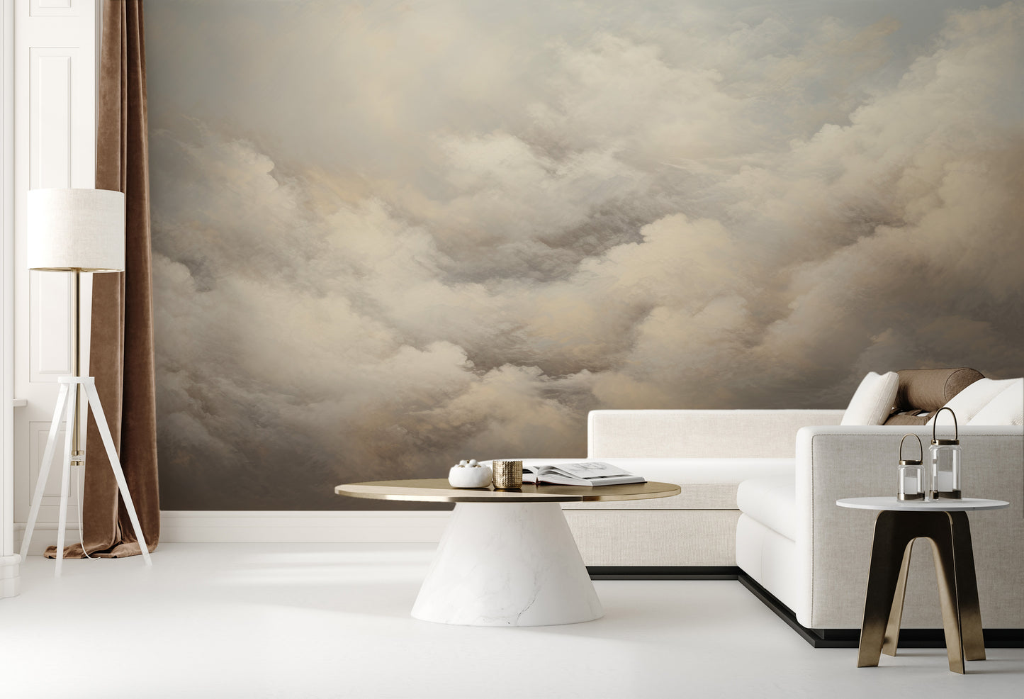 Wzór fototapety o nazwie WHISPERING CLOUDS CANVAS pokazanej w kontekście pomieszczenia.