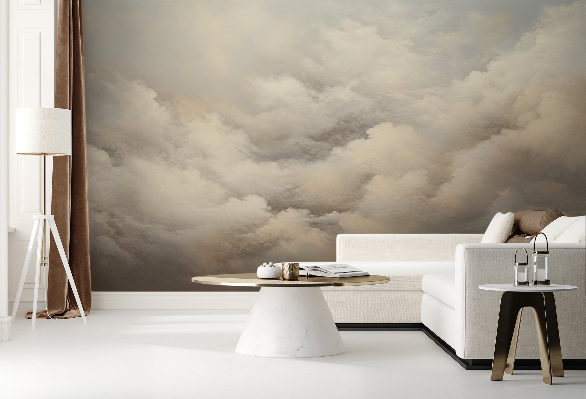 Wzór fototapety o nazwie WHISPERING CLOUDS CANVAS pokazanej w kontekście pomieszczenia.