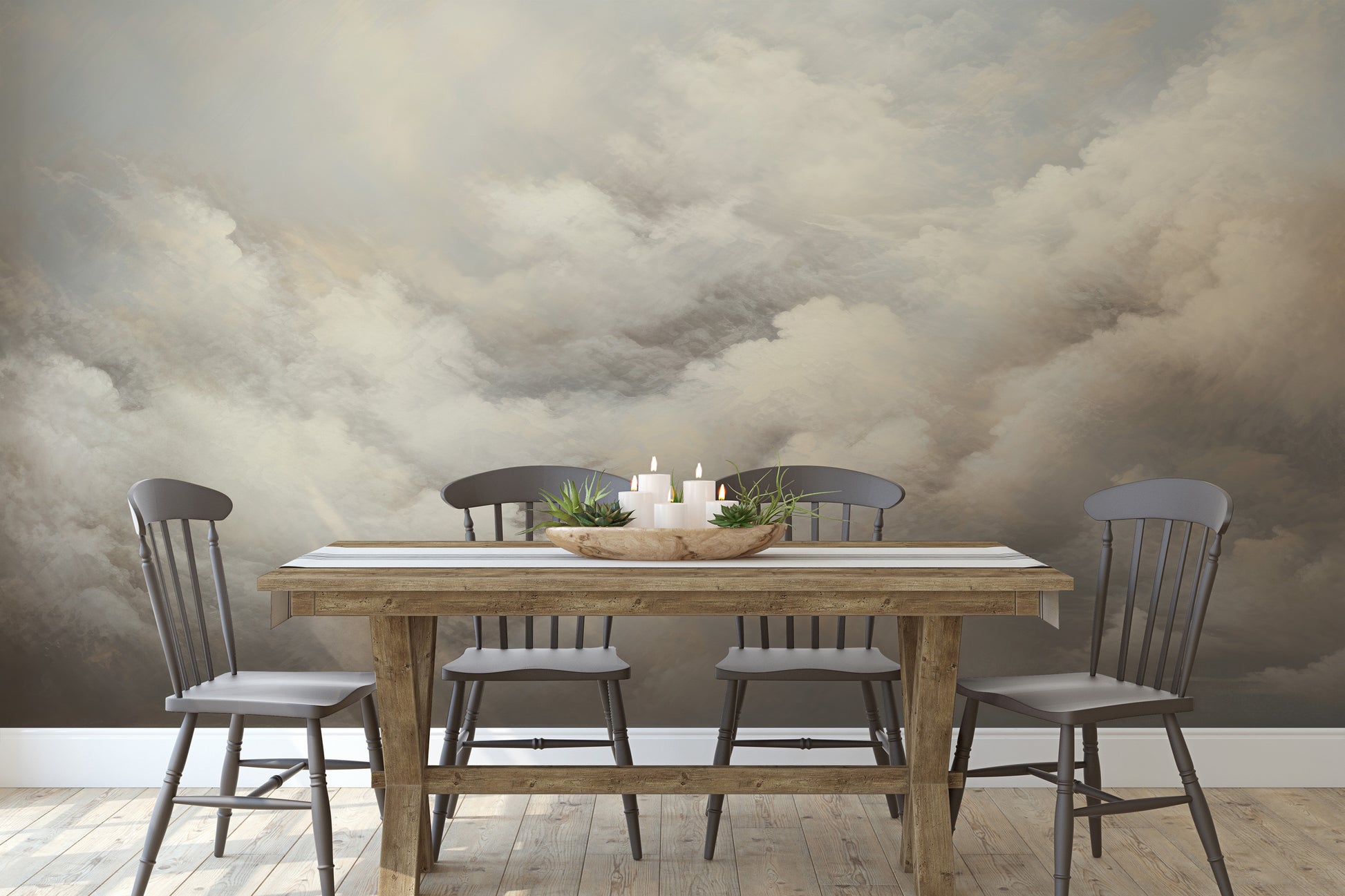Wzór fototapety malowanej o nazwie WHISPERING CLOUDS CANVAS pokazanej w aranżacji wnętrza.