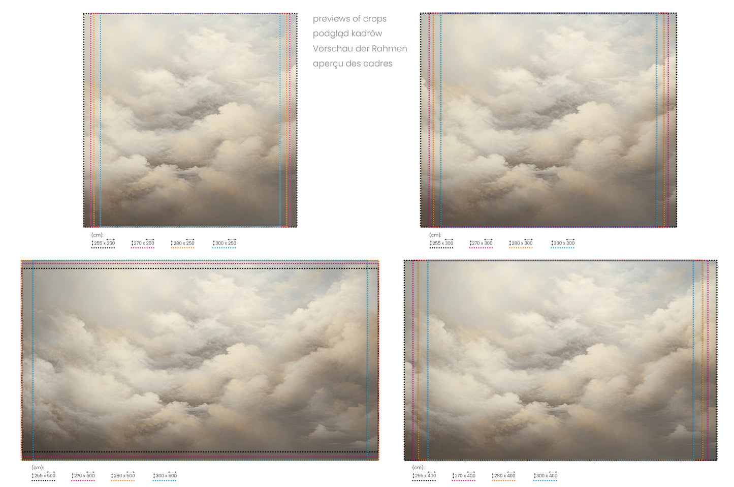Na obrazie znajduje się prezentacja przykładowych rozmiarów fototapety o nazwie WHISPERING CLOUDS CANVAS. Rozmiar fototapety jest dowolny.